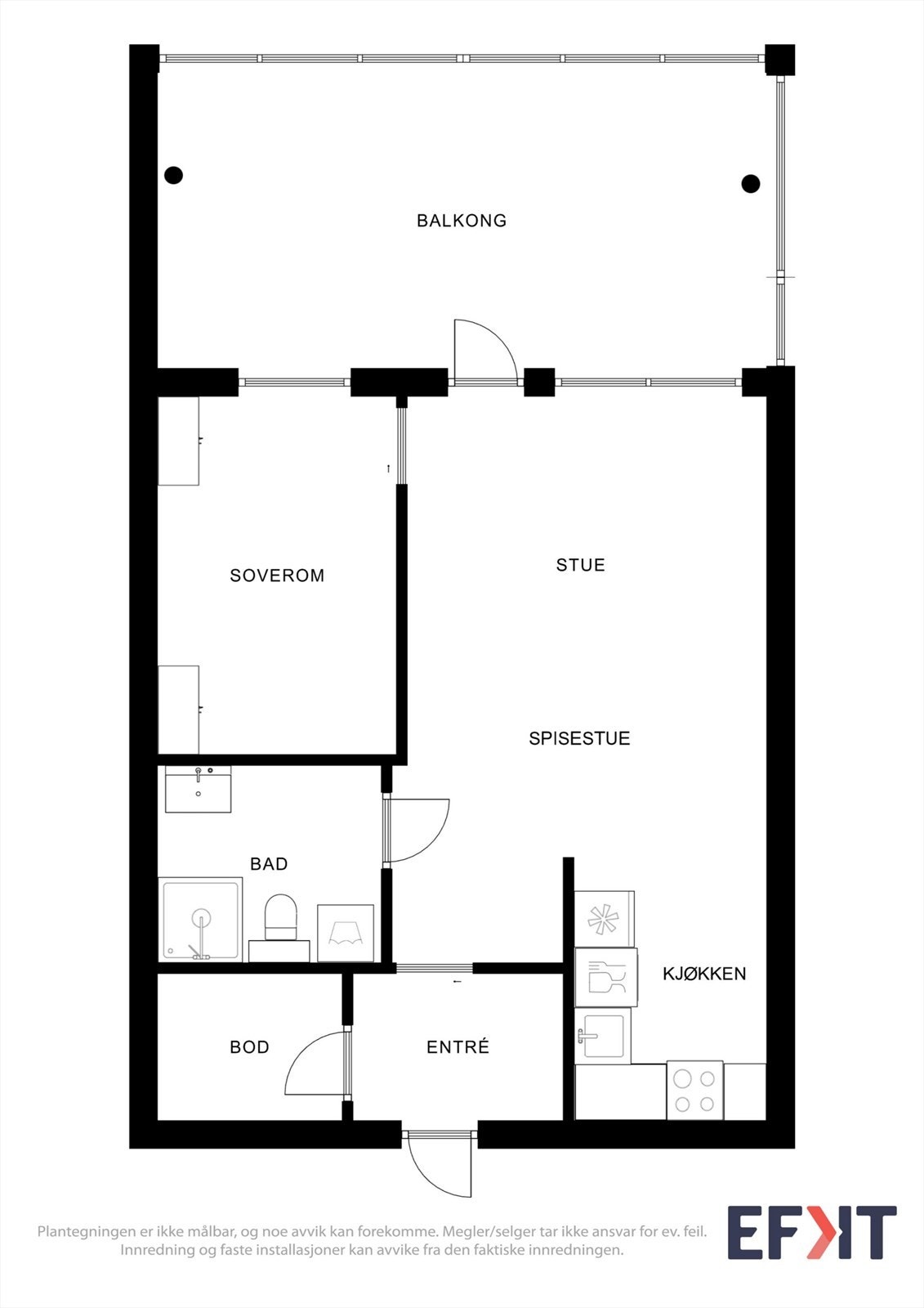 Plantegningen viser en arealeffektiv leilighet med åpen stue- og kjøkkenløsning, soverom, bad og en romslig balkong. Galleribilde