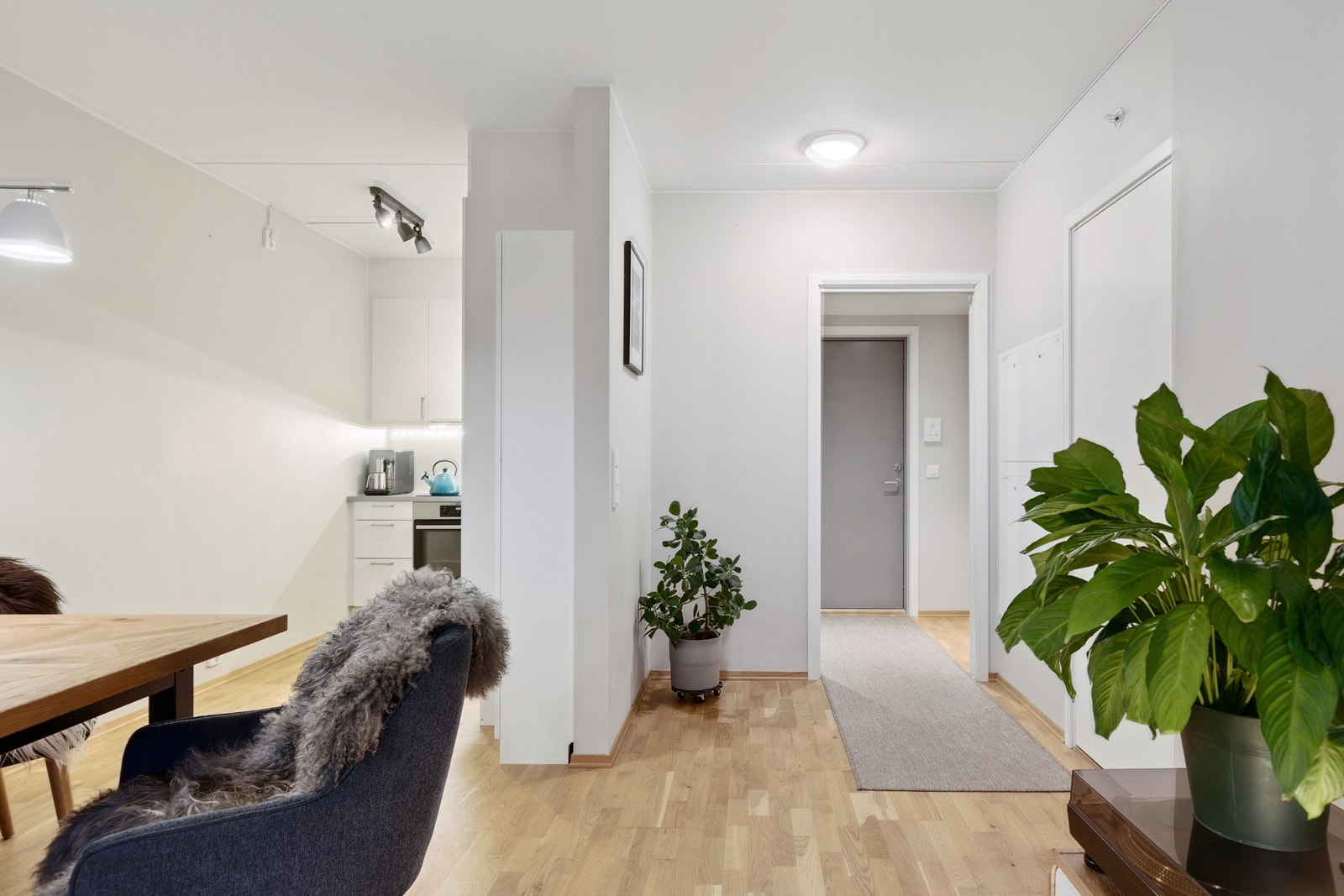 Fra stuen ser man tilbake mot entréen og kjøkkenet, noe som understreker den åpne romfølelsen. Galleribilde