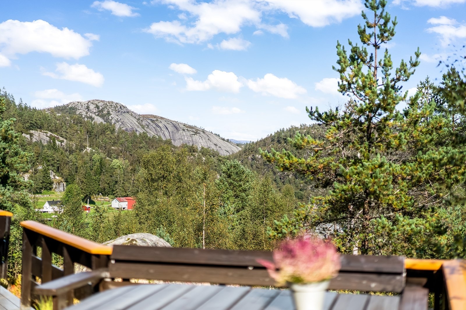 Nydelig naturutsikt over frodig landskap og majestetiske fjell. En oase av ro og natur, perfekt for naturopplevelser. Galleribilde