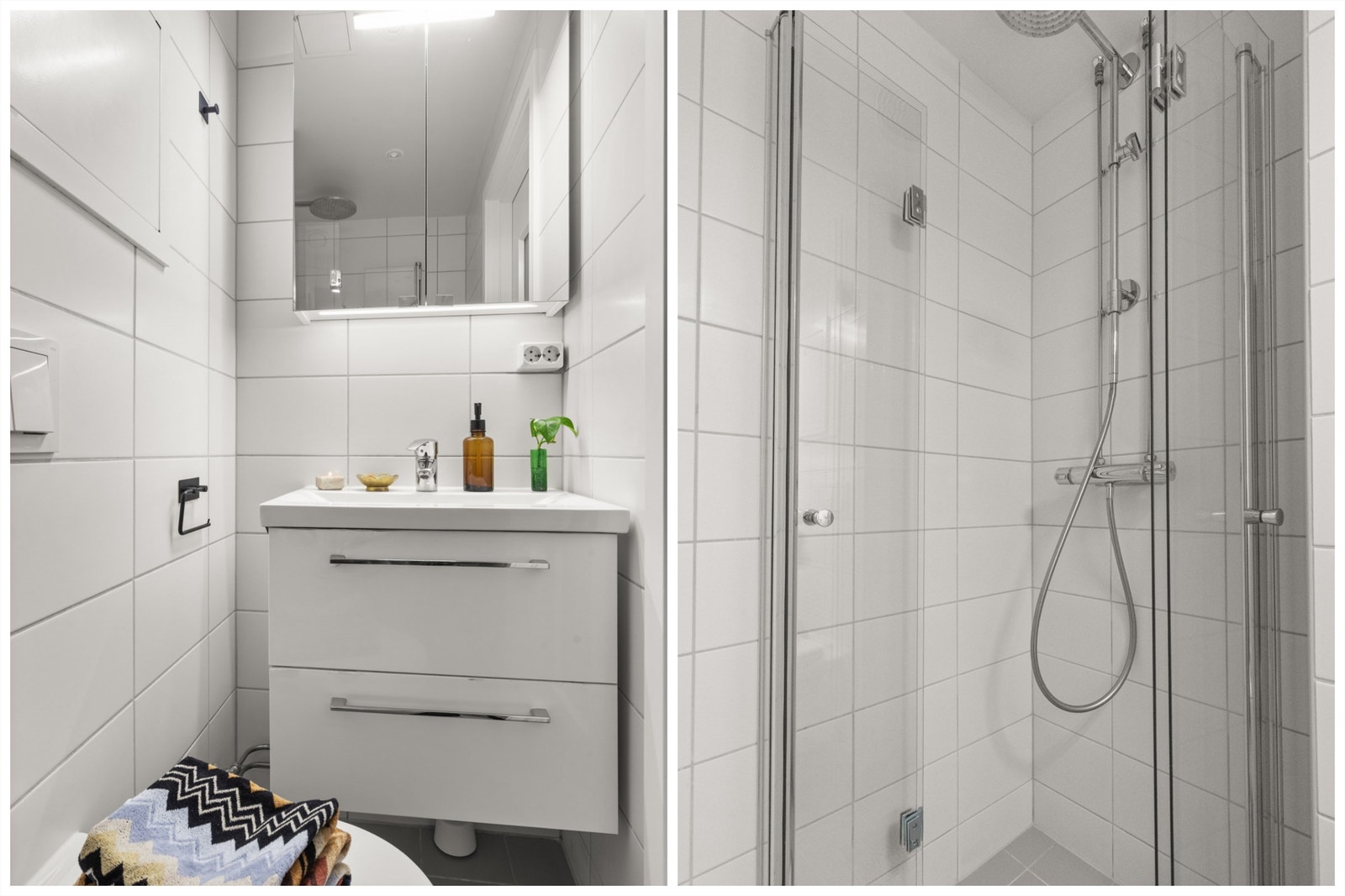 Badet er pent flislagt på gulv og vegger med elektriske varmekabler i gulvet. Badet er innredet med vegghengt klosett, servant nedfelt i innredning og dusjhjørne med svingbare glassdører. Galleribilde