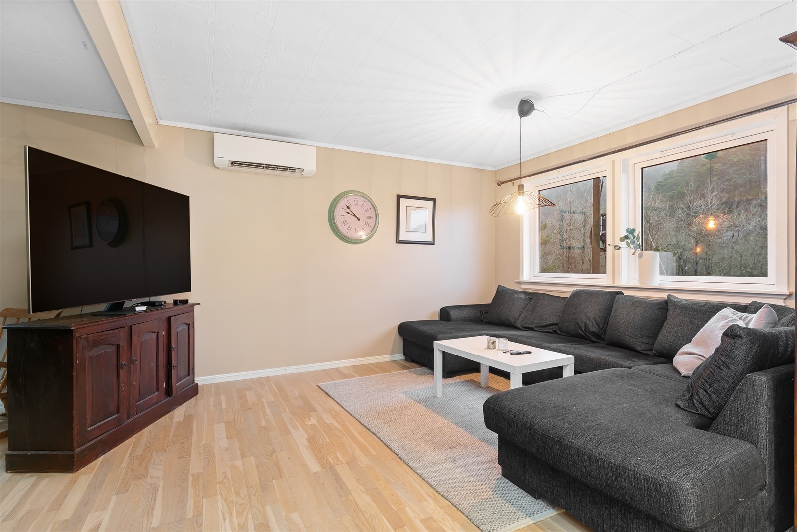 Varmepumpe og vedovn i stuen Galleribilde