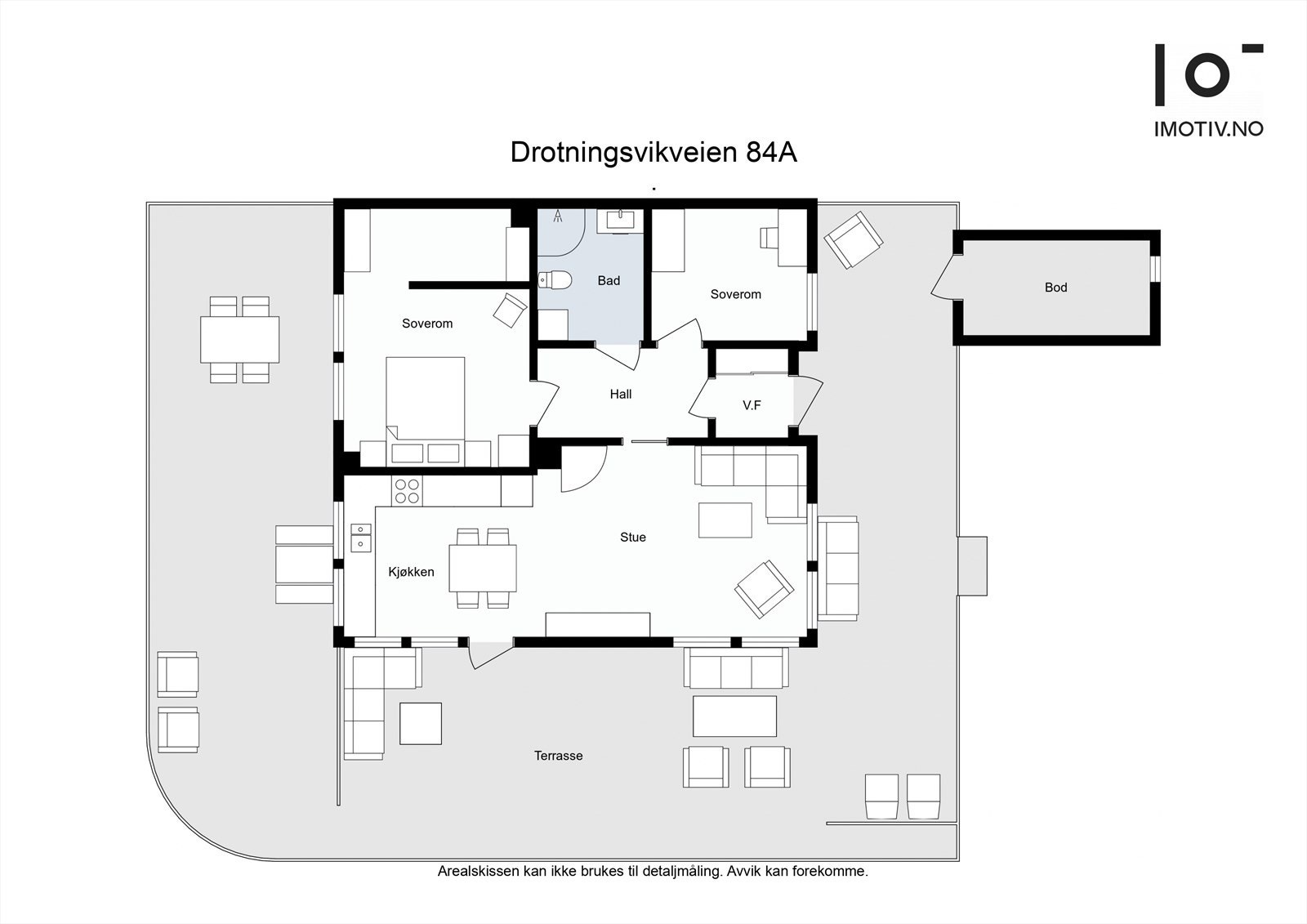 Plantegning av leiligheten og dens terrasse. Galleribilde
