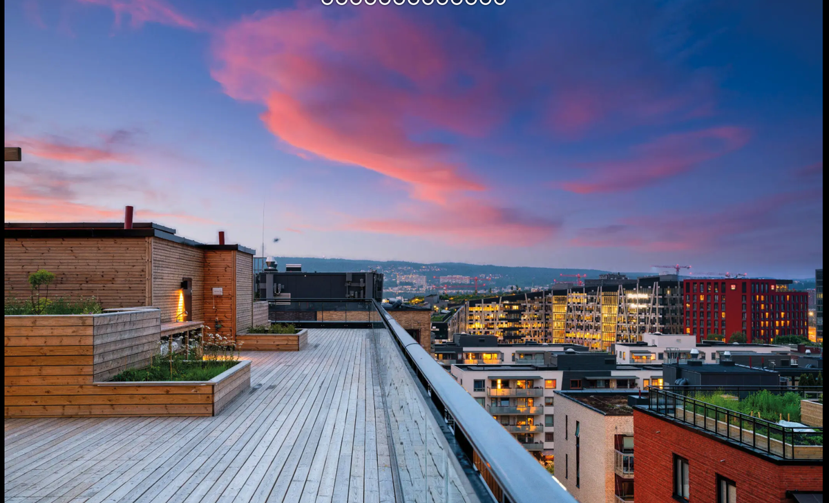 Stor takterrasse med panoramautsikt over Oslo. Foto: Obos Galleribilde