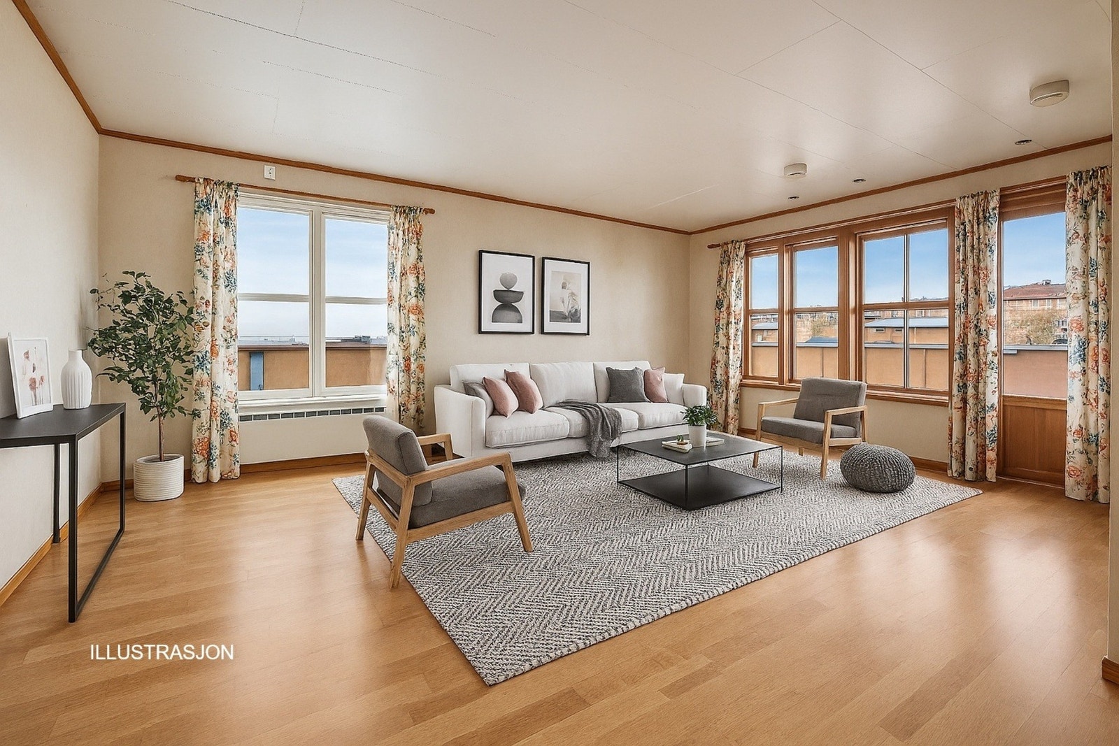 Romslig stue med utgang til stor terrasse Galleribilde