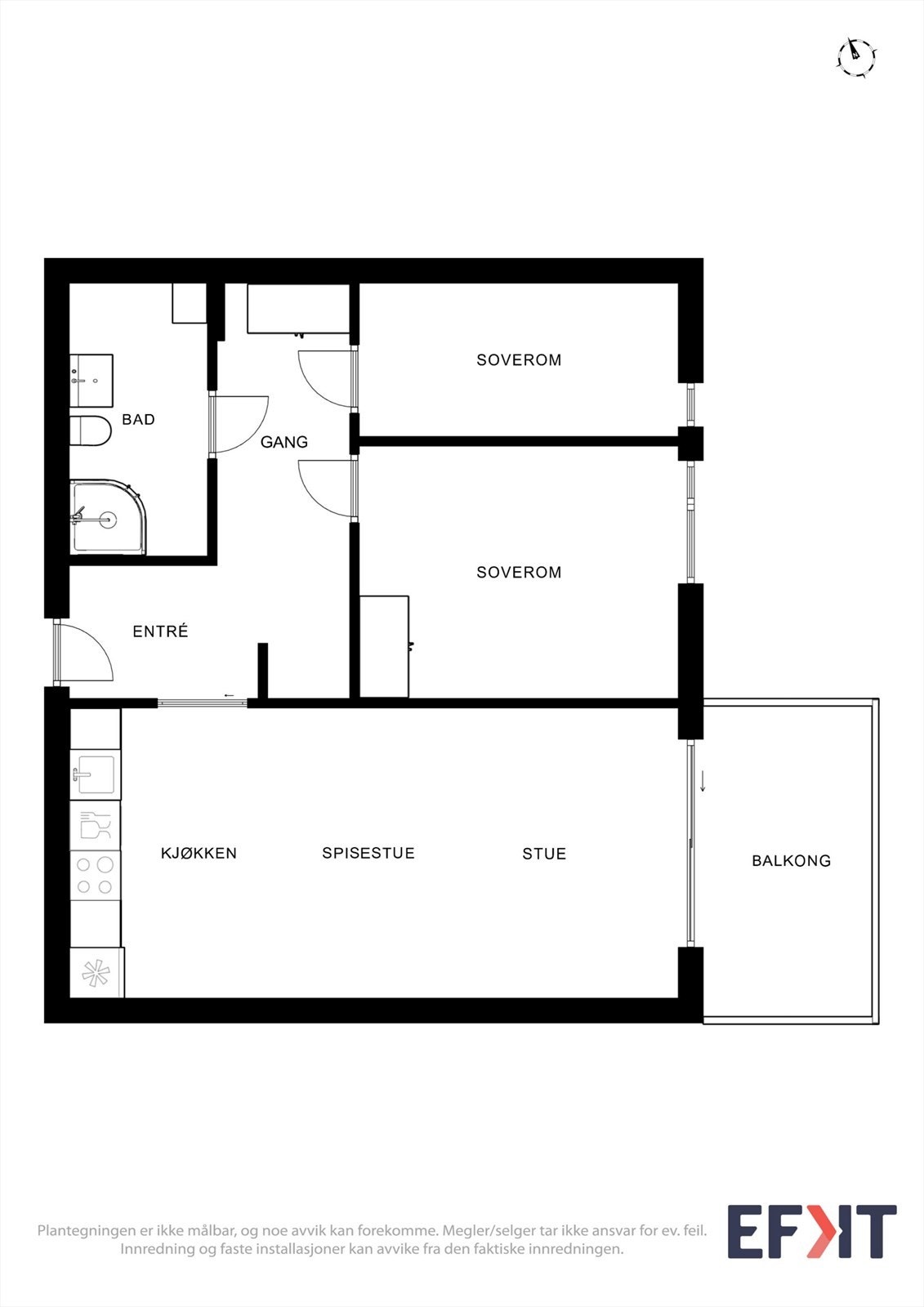 Plantegningen viser en arealeffektiv leilighet med to soverom og åpen stue/kjøkken-løsning. Galleribilde