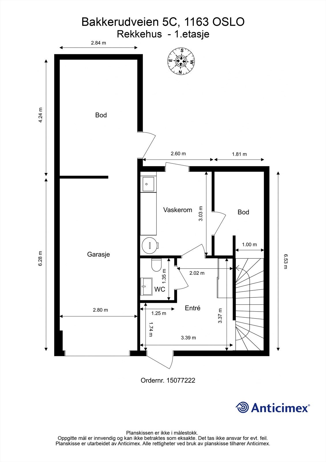 Plantegning for første etasje, som inneholder entré, WC, vaskerom, bod og integrert garasje. Galleribilde