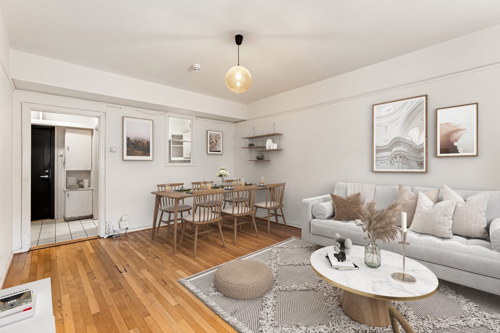 Den gode romformen gjør det enkelt å innrede med både sofagruppe og spiseplass. Digital illustrasjon. Galleribilde