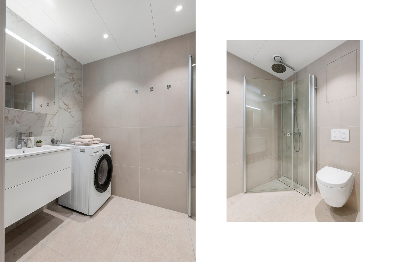 Romslig baderomsinnredning med ettgrepsblandebatteri fra Tapwell. Speilskap med LED belysning. Opplegg til vaskemaskin. Galleribilde