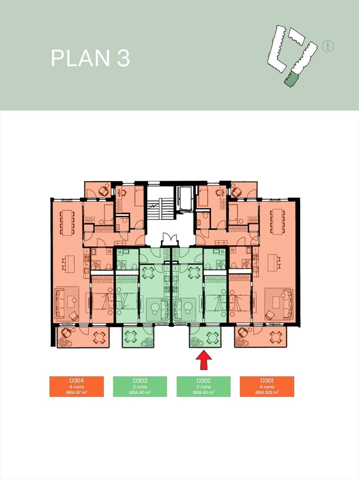 Etasjeplan i hus D med markering av leilighetens beliggenhet. Galleribilde