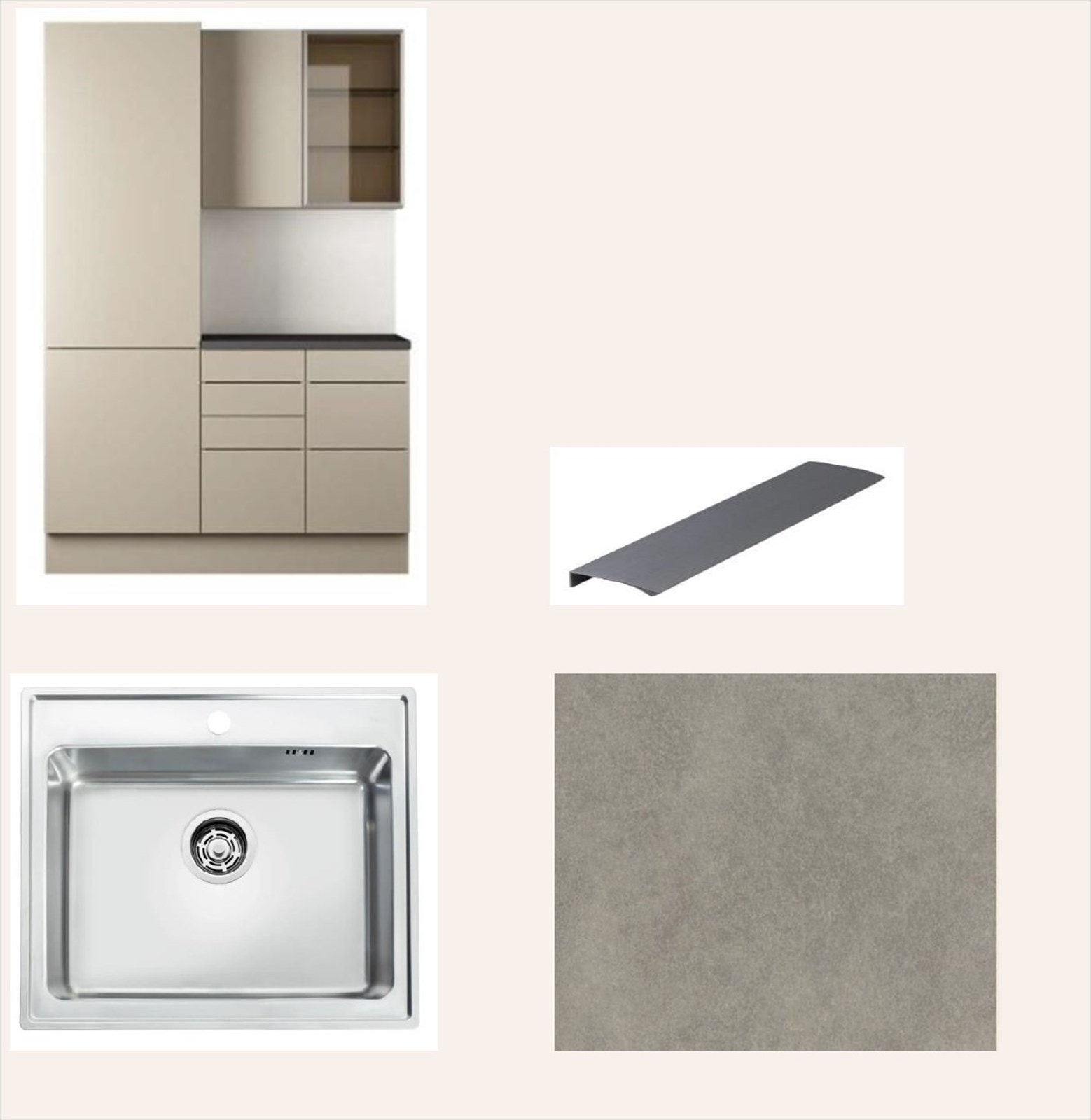 Sigdal i modellen "Vidde", i fargen korn. Kjøkkenarmatur: A-Collection Azur I/II Eco. Ventilator: Røroshetta. Benkeplate: 20 mm Duolaminat. Farge Betong 558. Kjøkkenvask: Intra Omnia 600 SF stål. Grep: Edge 40mm Farge Antrasitt. Galleribilde