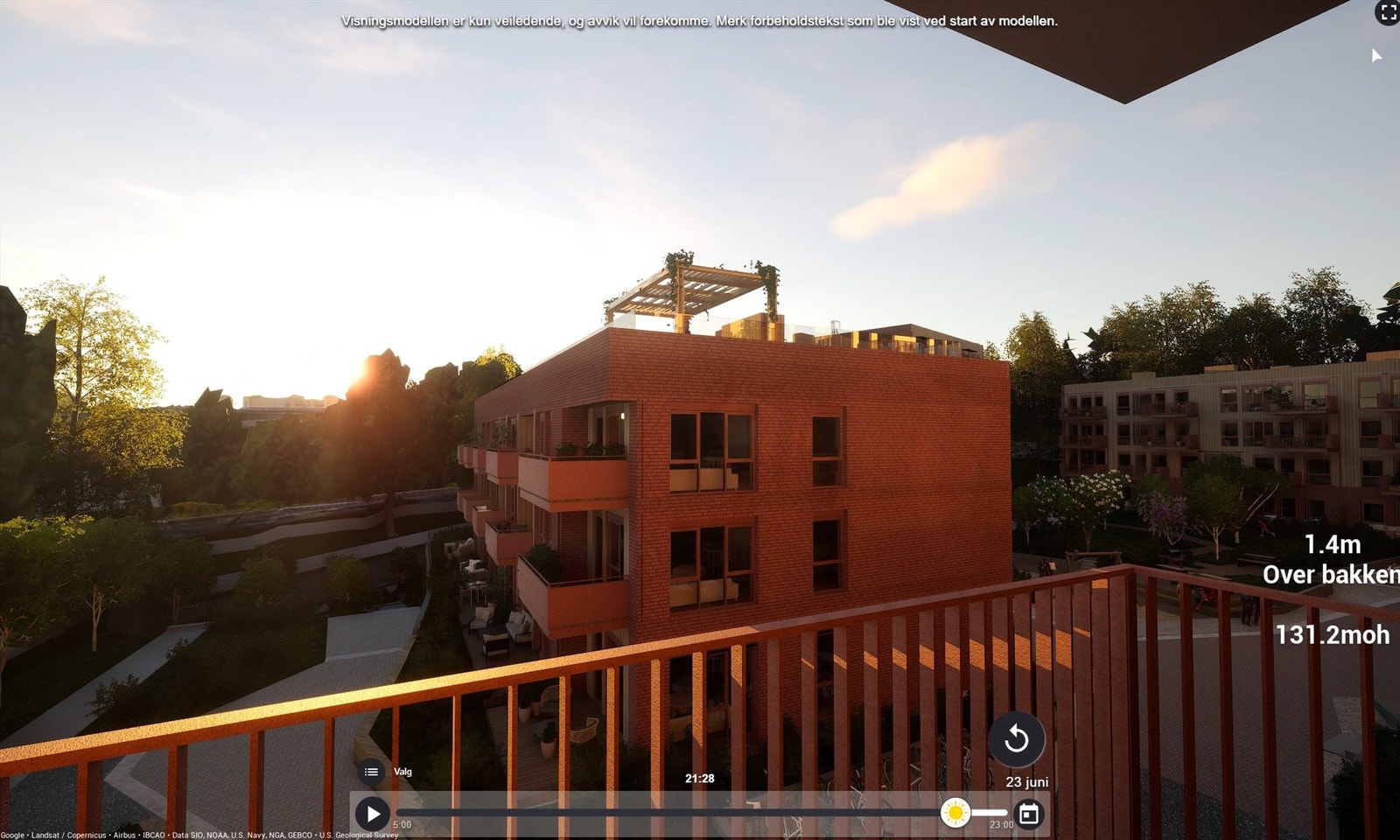 Illustrasjon av utsyn fra nordvestvendt balkong på ca. 6 m². Avvik kan forekomme. Galleribilde