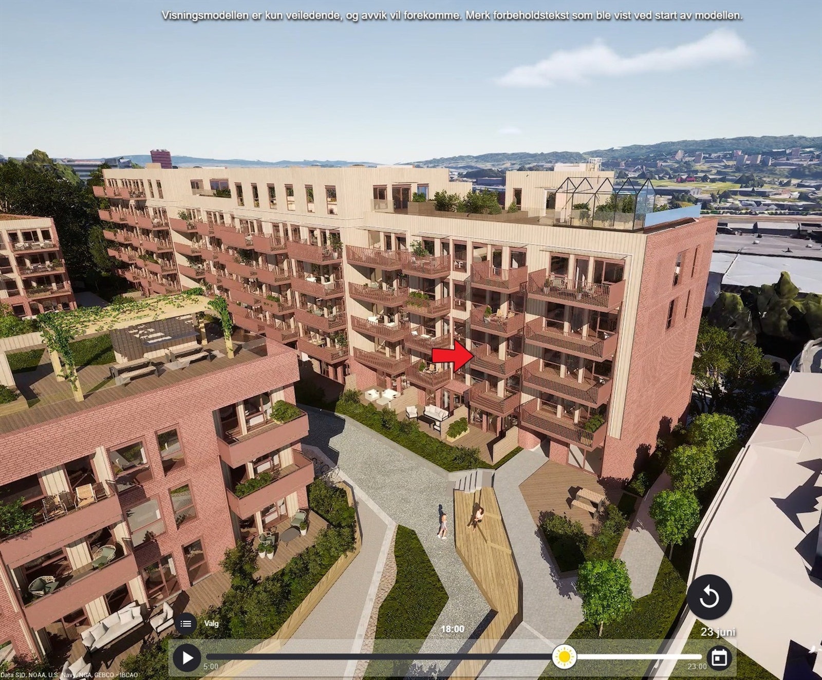 Illustrasjon hentet fra utbyggers simulator. Markering av leilighetens beliggenhet. Avvik kan forekomme. Galleribilde