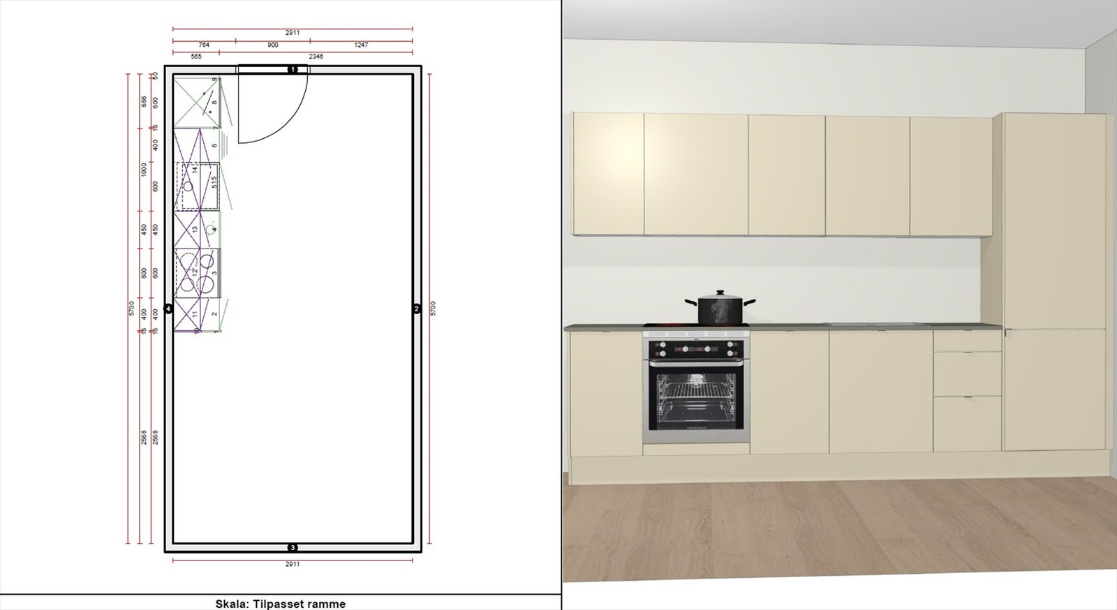 Illustrasjon kjøkkenleveranse | Denne leiligheten får et lekkert kjøkken fra Sigdal. Det leveres integrerte hvitevarer fra Bosch. Avvik kan forekomme. Galleribilde