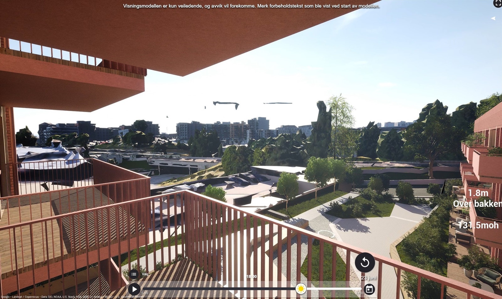 Illustrasjon av utsyn fra nordvestvendt balkong på ca. 6 m². Avvik kan forekomme. Galleribilde