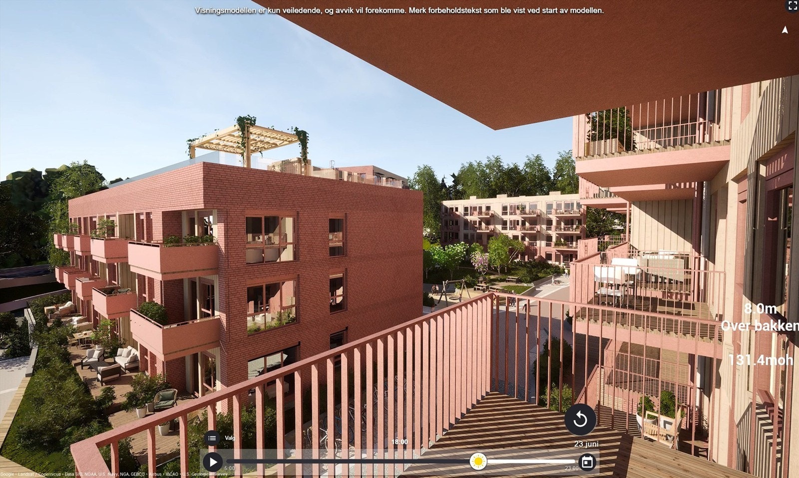 Illustrasjon av utsyn fra nordvestvendt balkong på ca. 6 m². Avvik kan forekomme. Galleribilde