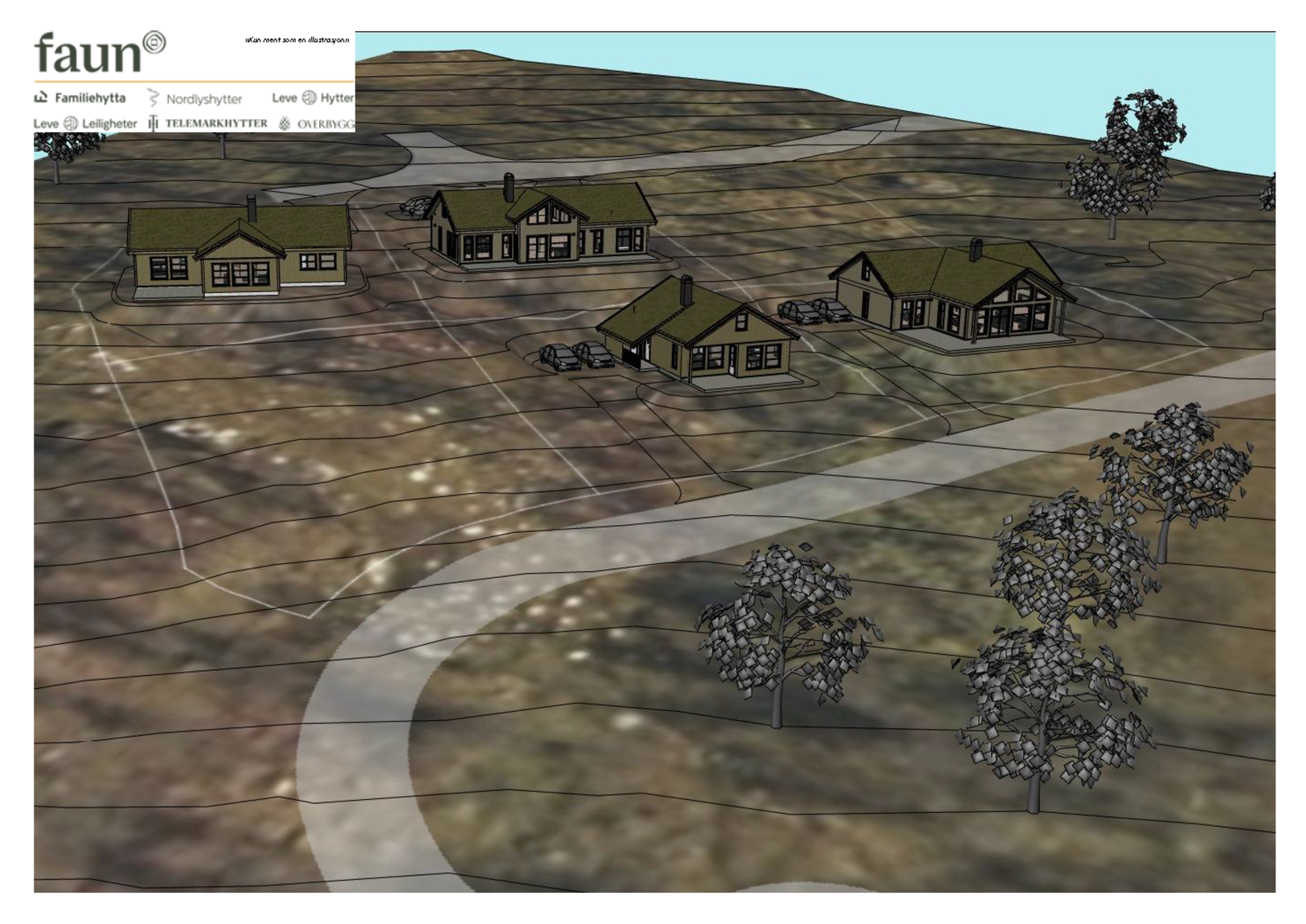 Illustrasjon med hytter plassert på tomtene Galleribilde