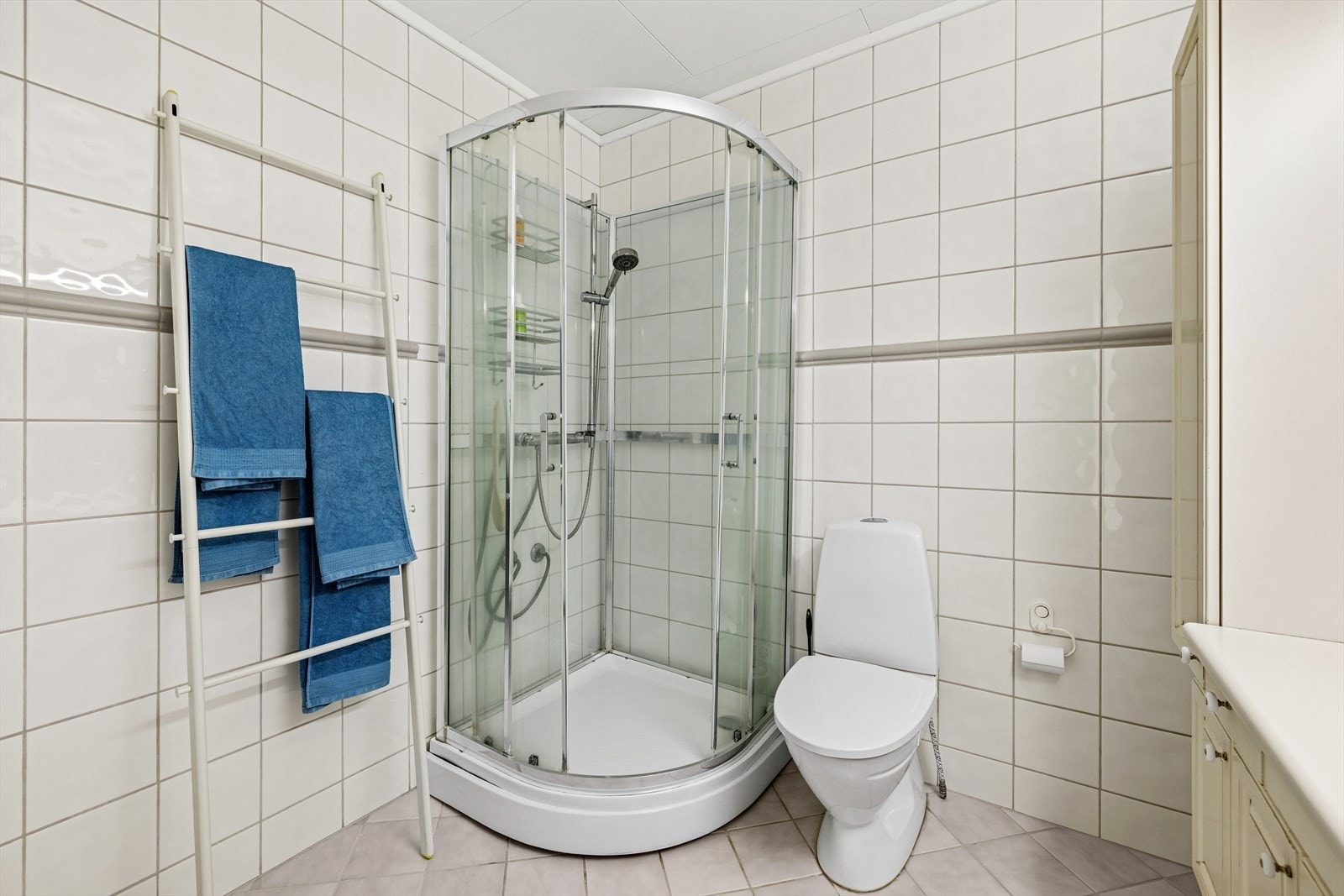 Badet er ellers utstyrt med et dusjkabinett og et gulvmontert toalett. Galleribilde