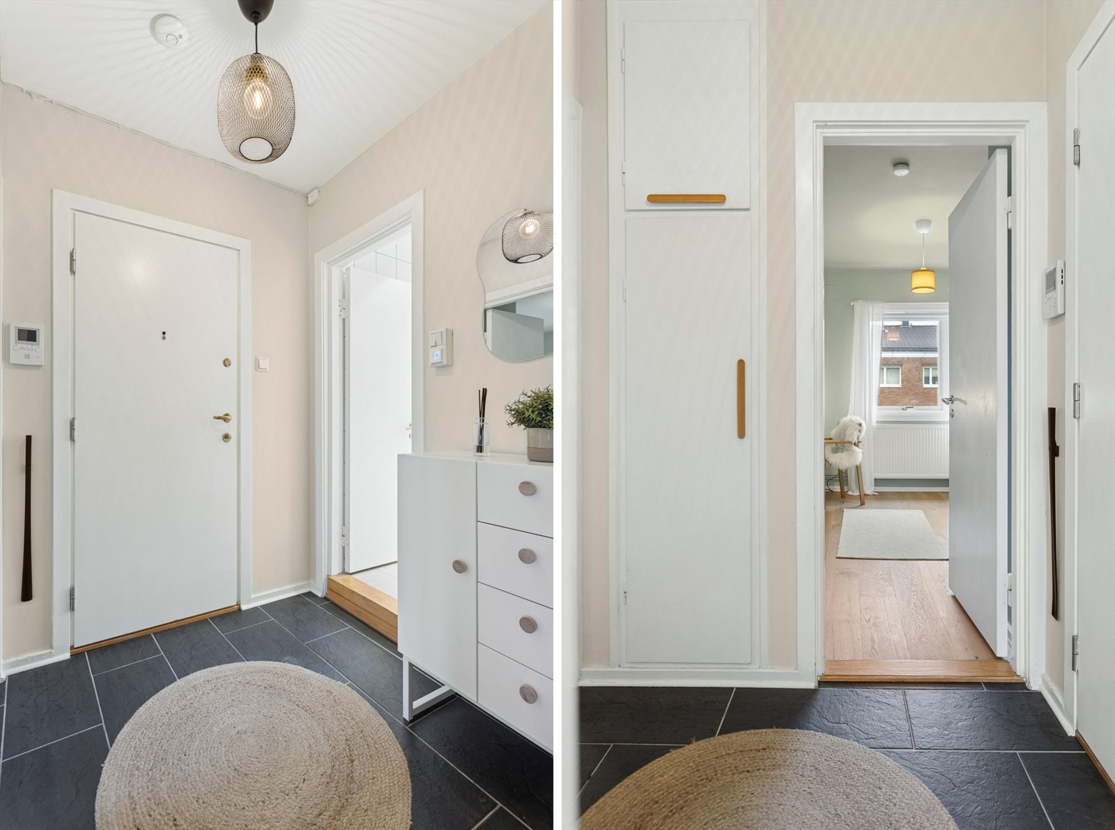 Flott entré. Slitesterke fliser på gulv er praktiske i hverdagen, samtidig som de skaper en fin kontrast til de lyse veggene. Gangen har gode oppbevaringsmuligheter med integrert skapplass, som bidrar til et ryddig og organisert uttrykk. Galleribilde