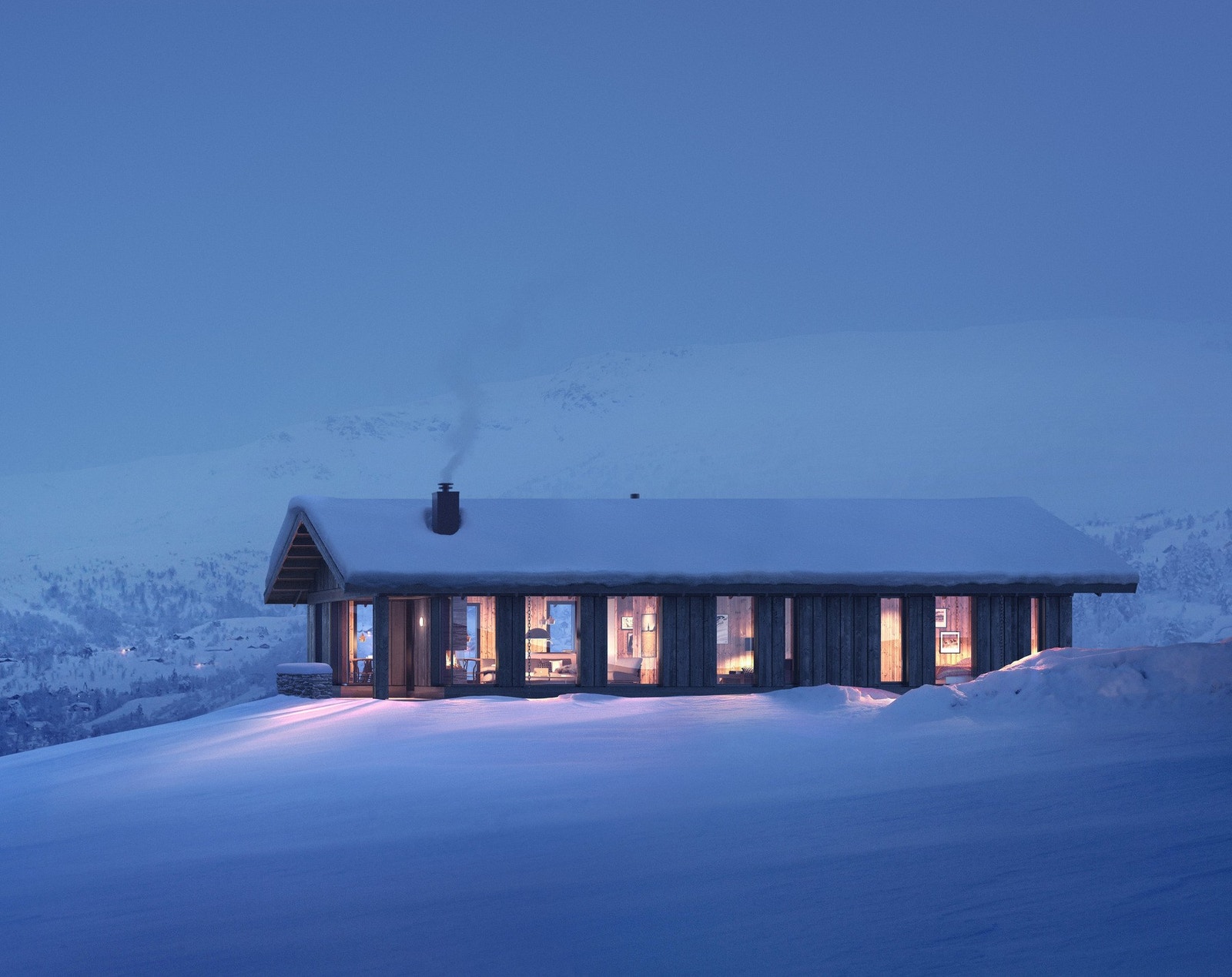 Vy hyttene glir inn i landskapet på en elegant måte. Illustrasjonsfoto. Galleribilde