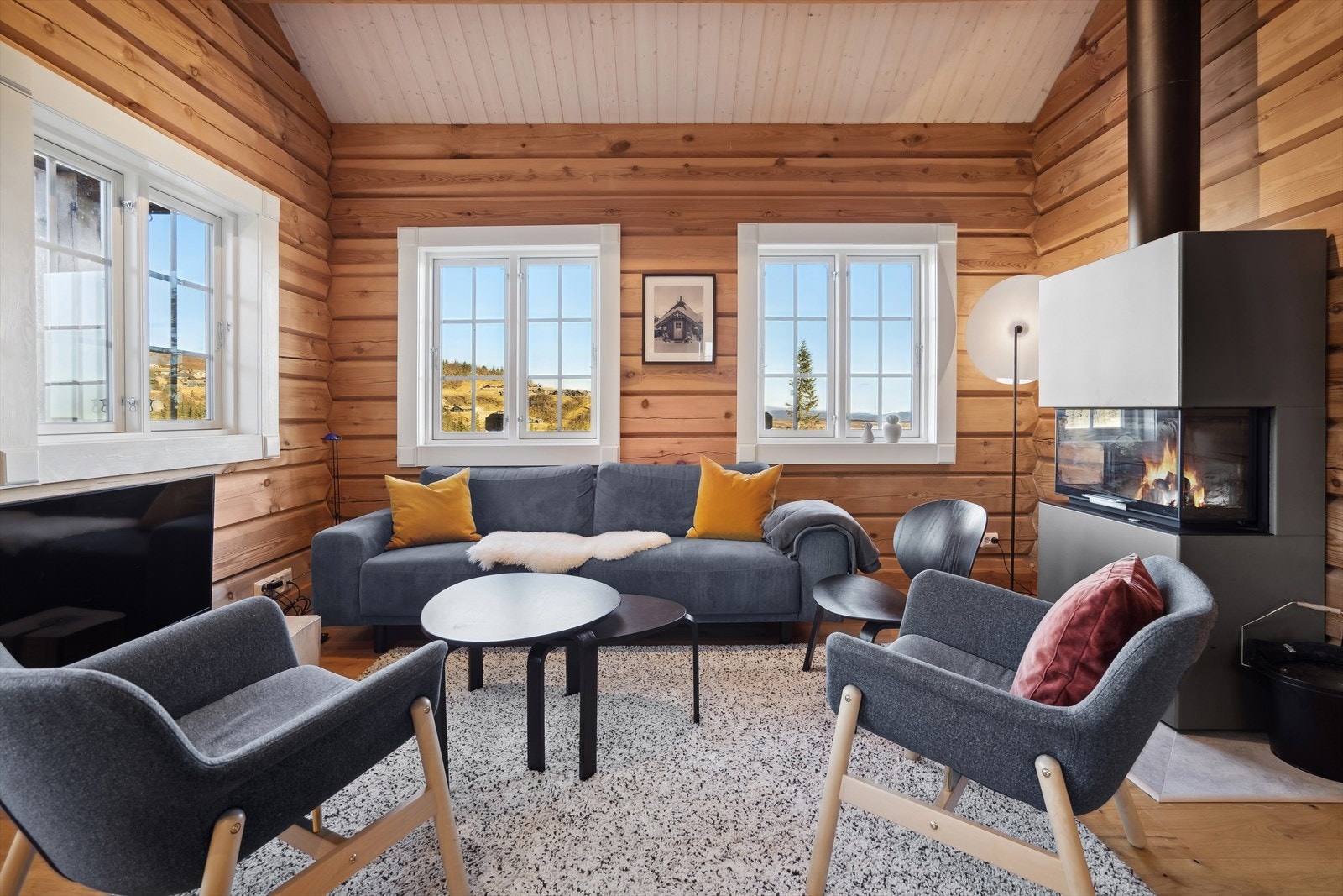 Lys og koselig stue med mange vindusflater som slipper inn mye naturlig lys. Peisovn som gir lun og god varme på kalde vinterdager. Galleribilde