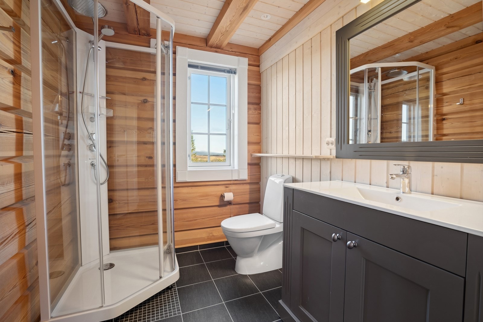 Pent bad innredet med dusjkabinett, toalett og baderomsinnredning med håndvask og ventilert med mekanisk avtrekk (elektrisk vifte). Galleribilde