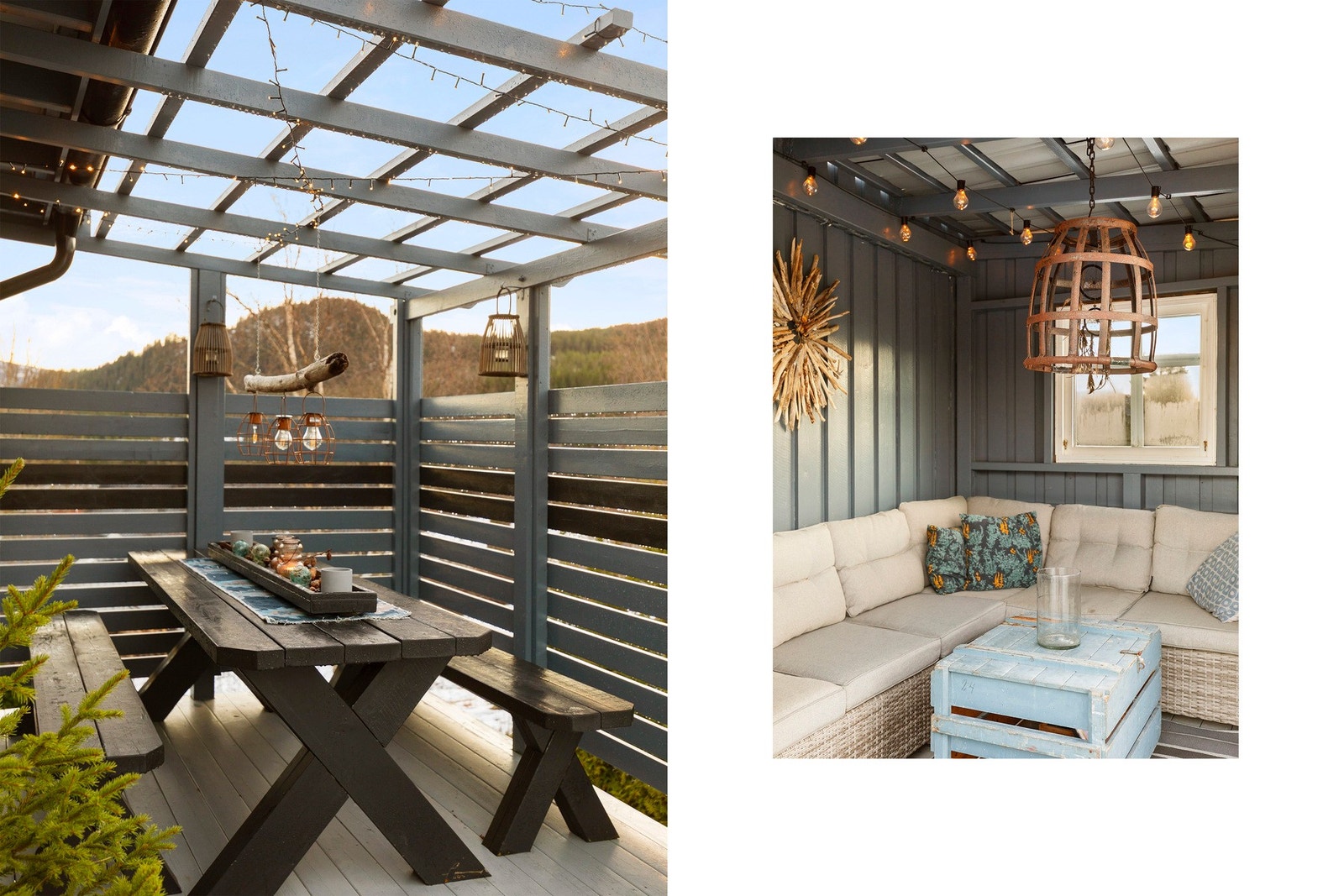 Utestue med pergola - Videre byr eiendommen på ei stor tomt med gressplen, bed, beplantning og hekk. Se også selgers bilder. Galleribilde