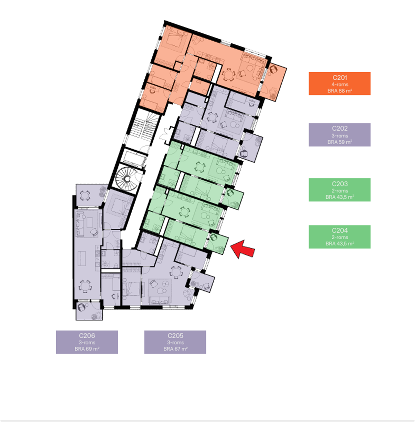 Etasjeplan med markering av leilighetens beliggenhet. Galleribilde