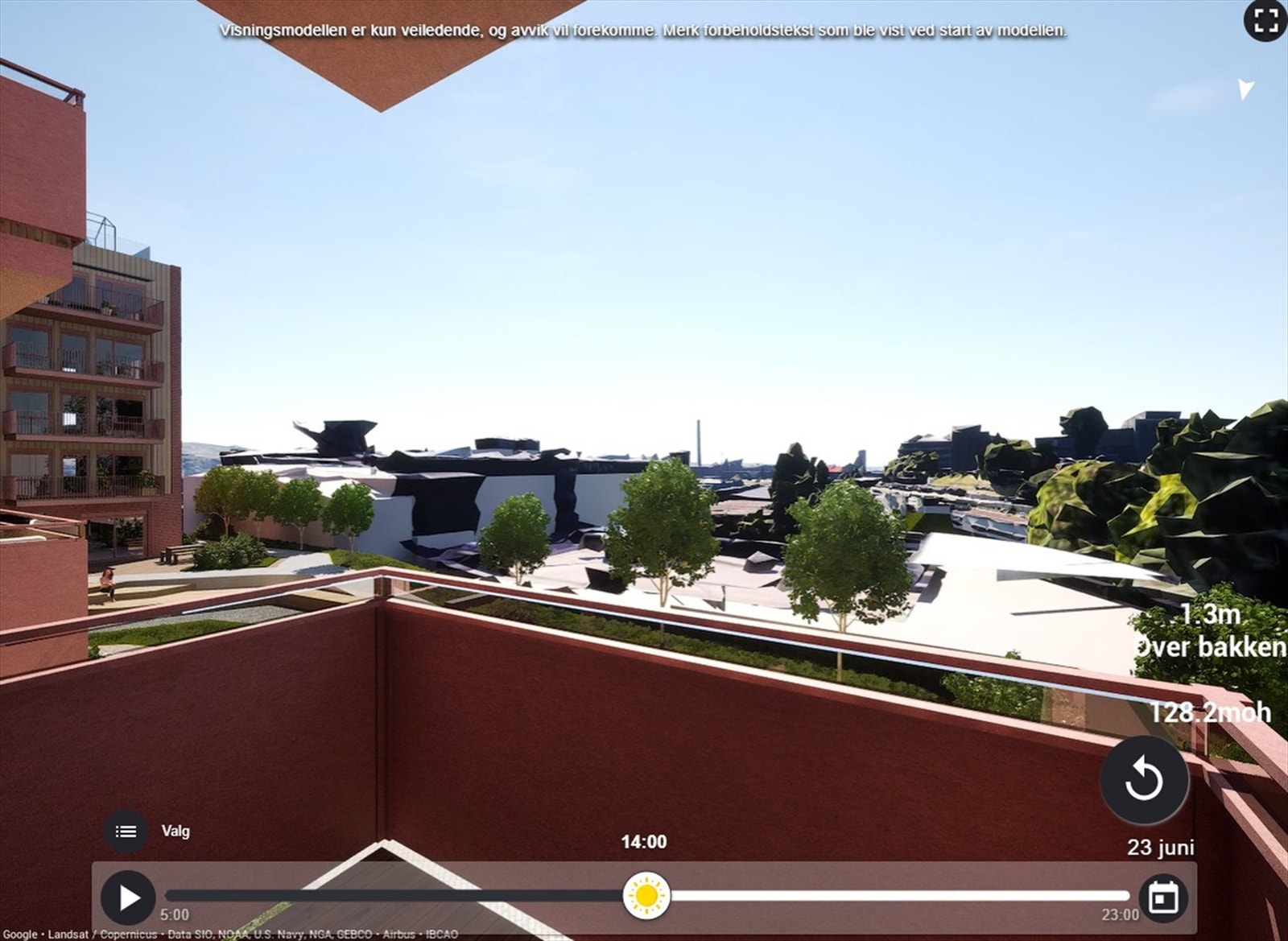 Illustrasjon av utsyn fra sørvestvendt balkong på ca. 4,1 m². Det er sol fra rundt kl.11 til 20:30 midtsommers, ifølge prosjektets simulator. Avvik kan forekomme. Galleribilde