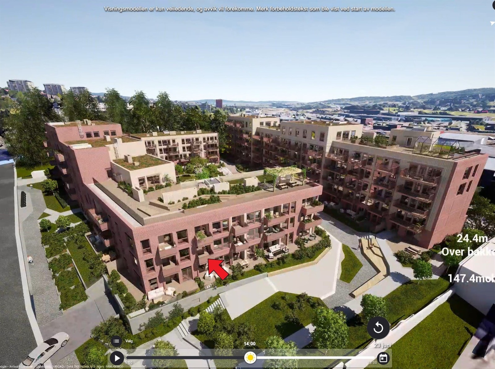 Illustrasjon hentet fra utbyggers simulator. Markering av leilighetens beliggenhet. Avvik kan forekomme. Galleribilde