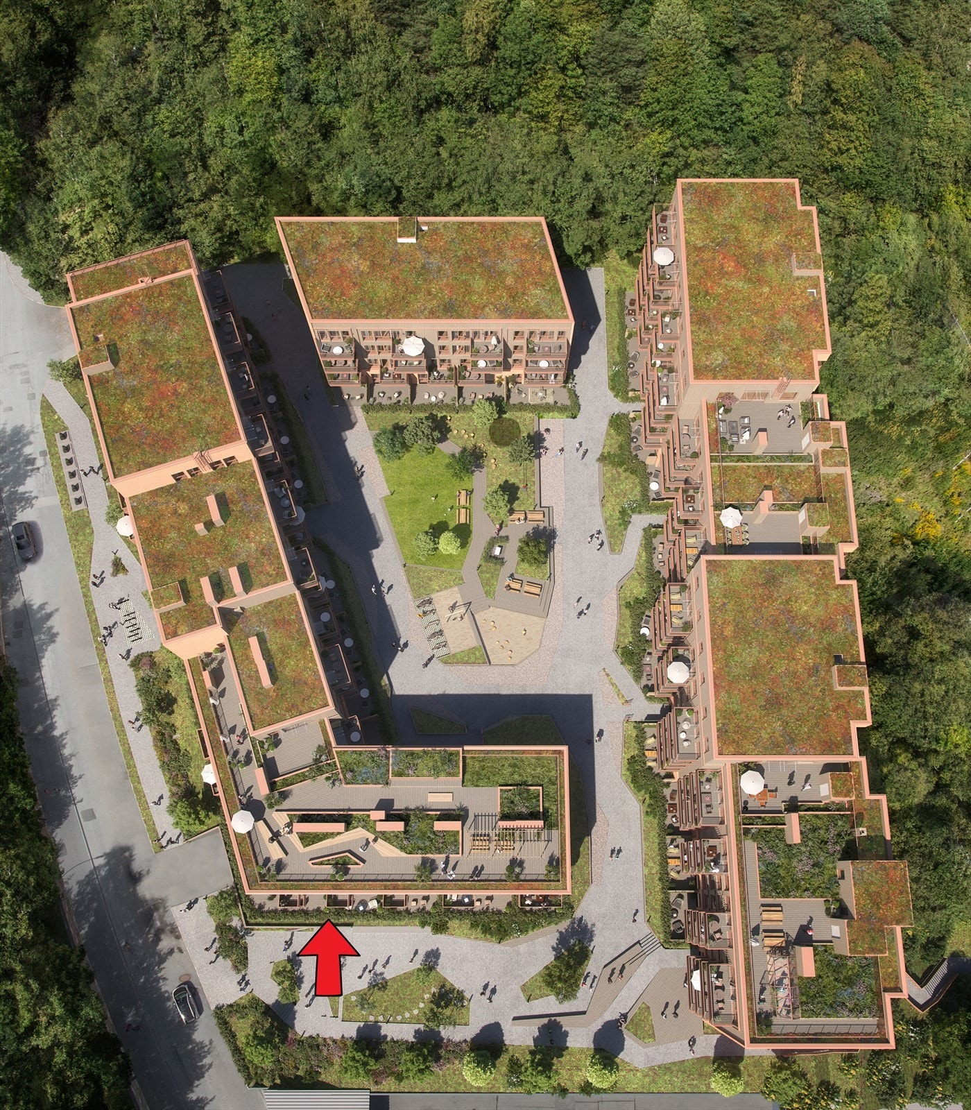 Illustrasjon utomhus | Vollebekk Stasjon har store innbydende fellesområder og gårdsrom. Solrike, felles takterrasser med fantastisk utsikt, samt to felles takterrasser med ulike sosiale soner. Avvik kan forekomme. Galleribilde