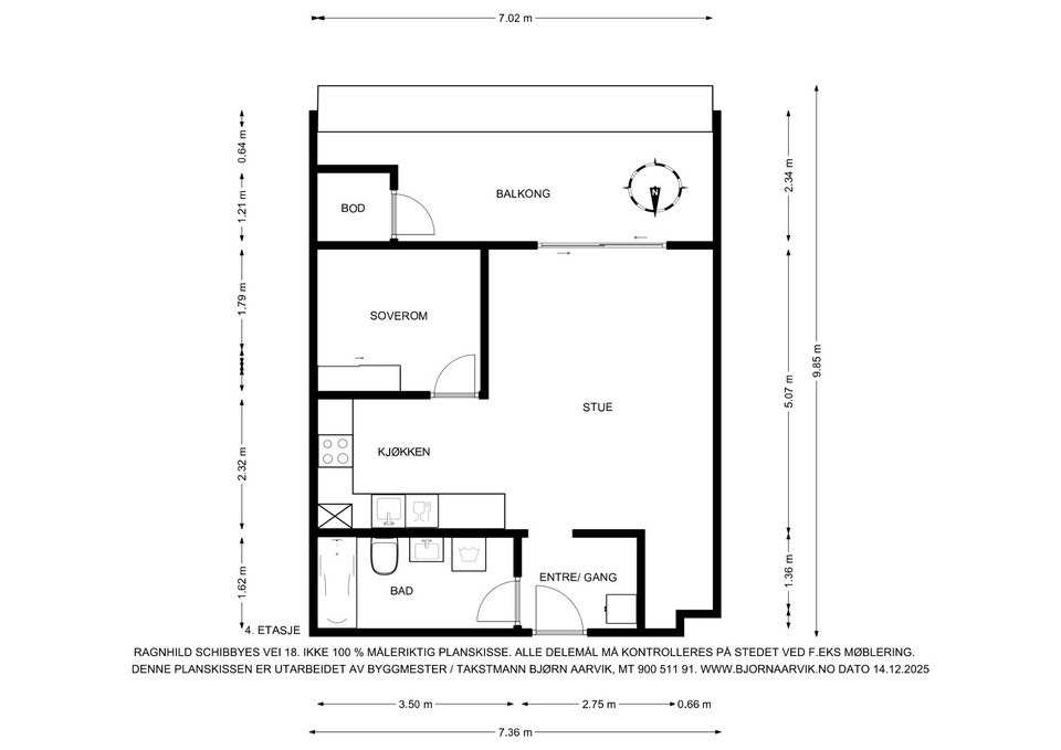 Plantegningen viser en arealeffektiv leilighet med åpen stue- og kjøkkenløsning. Galleribilde