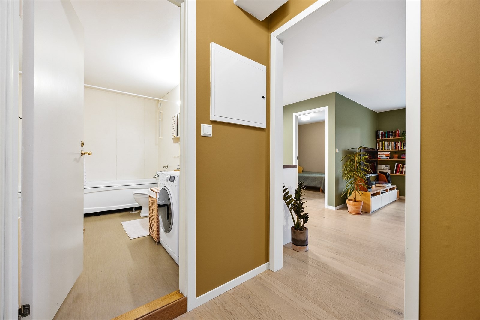 Gangen har enstavs eikeparkett og gir tilgang til bad, soverom og stue. Galleribilde