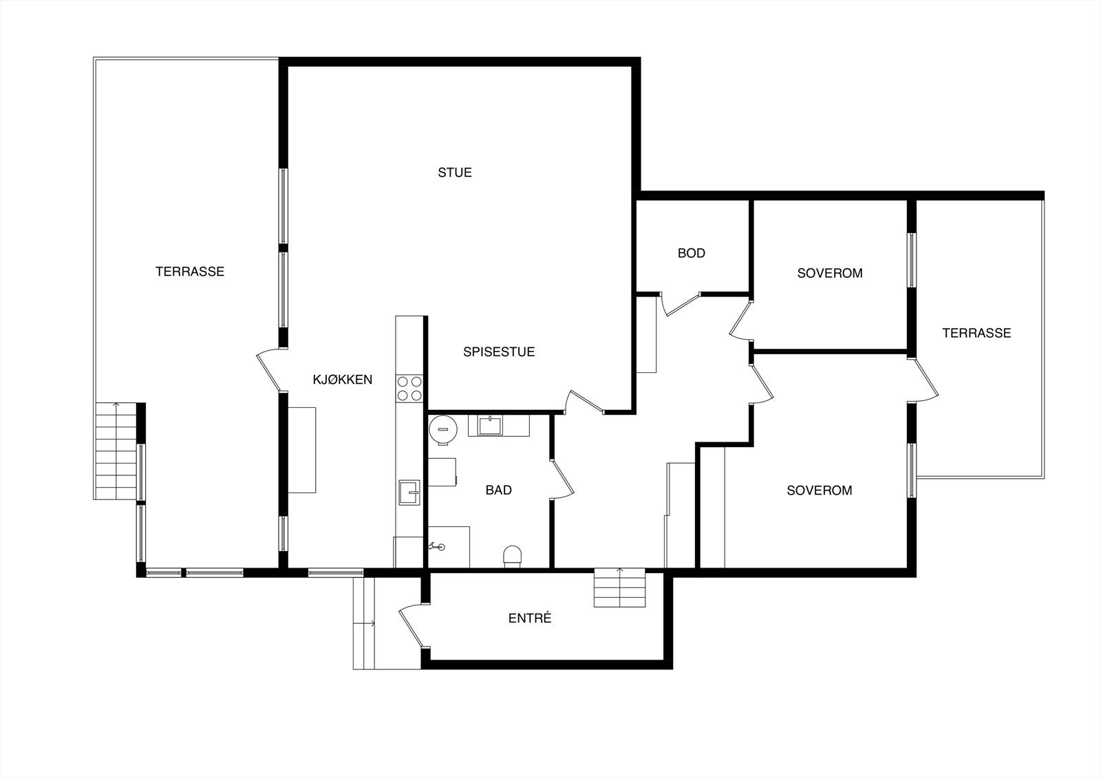 Planløsning. Terrasser og overbygg er ikke byggesøkt. Galleribilde