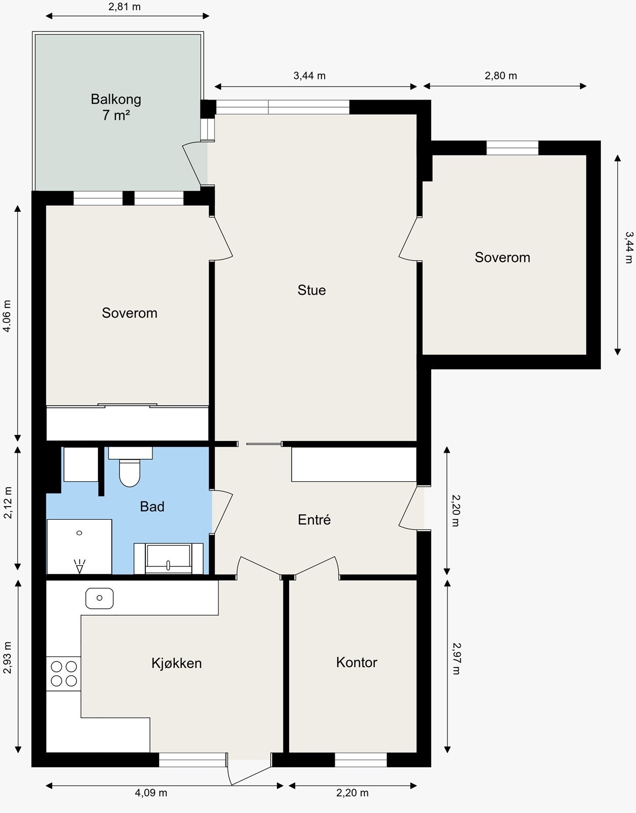 Plantegningen viser en arealeffektiv leilighet med tre soverom og en god planløsning. Galleribilde