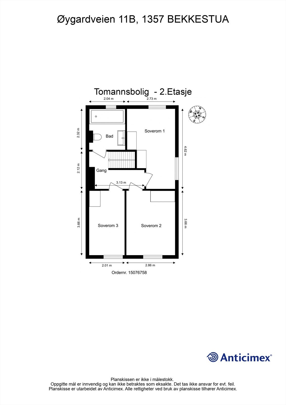 Plantegning for 2. etasje, som rommer tre soverom og et bad. Galleribilde