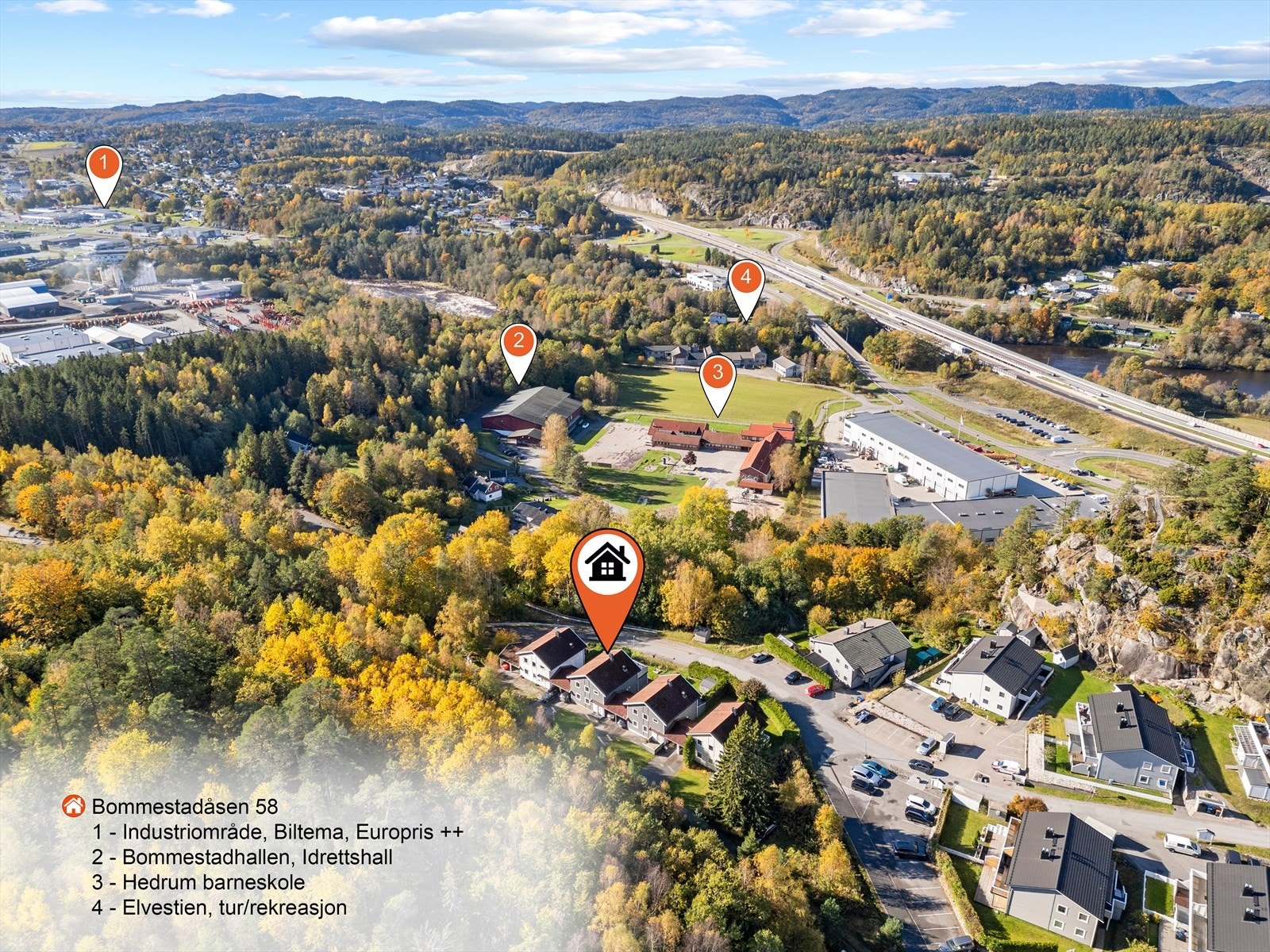 Her har man kort vei til daglige servicefunksjoner som dagligvarebutikk, skole og offentlig kommunikasjon. Galleribilde