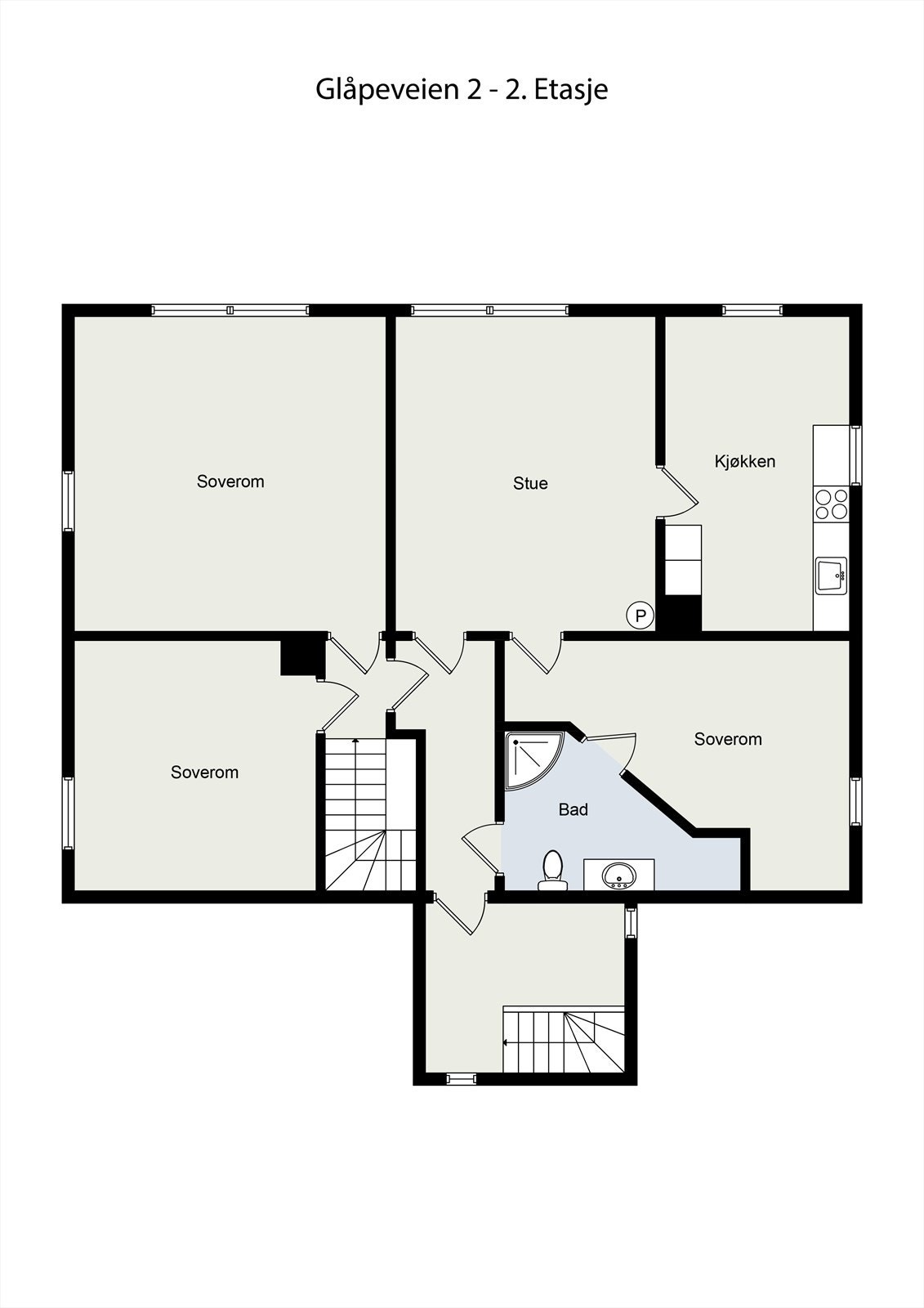 2. Etasje. Her har vi 2 soverom tilknyttet hoveddel, samt utleiedel med stue, kjøkken, 1 soverom og bad. Galleribilde