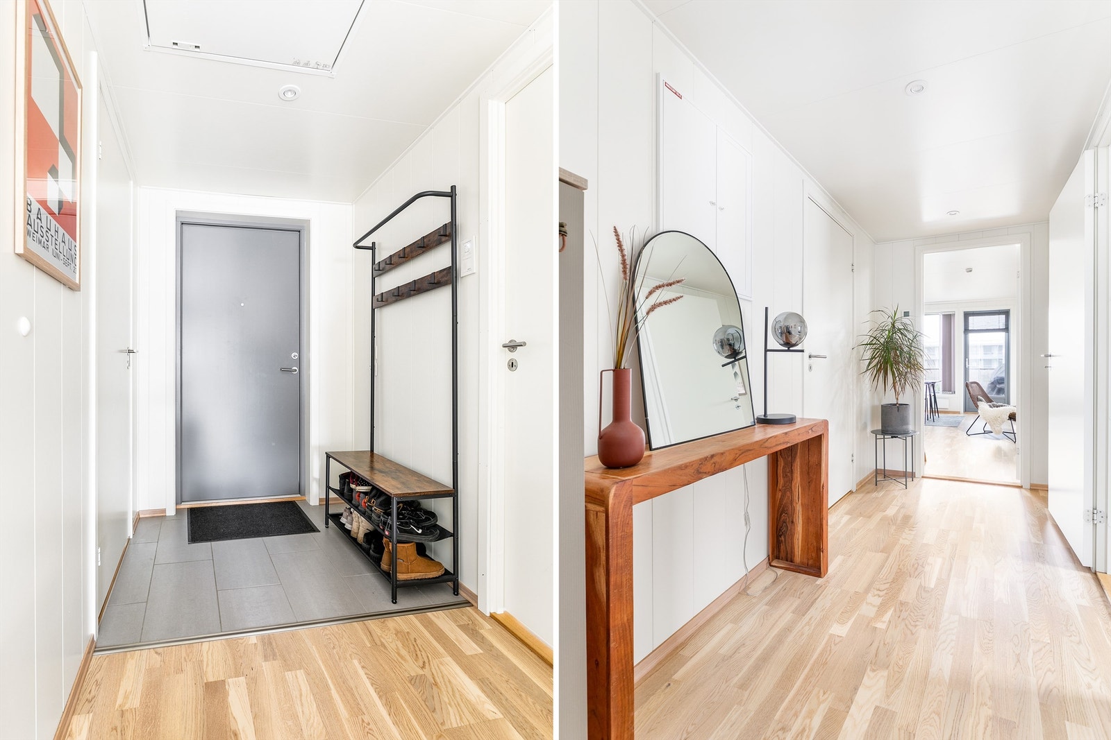 Gangen kan lukkes av for å avskjerme soverommene fra stuen. Gulvflaten rett innenfor ytterdøren har elektrisk varme og en robust overflate av fliser. Galleribilde