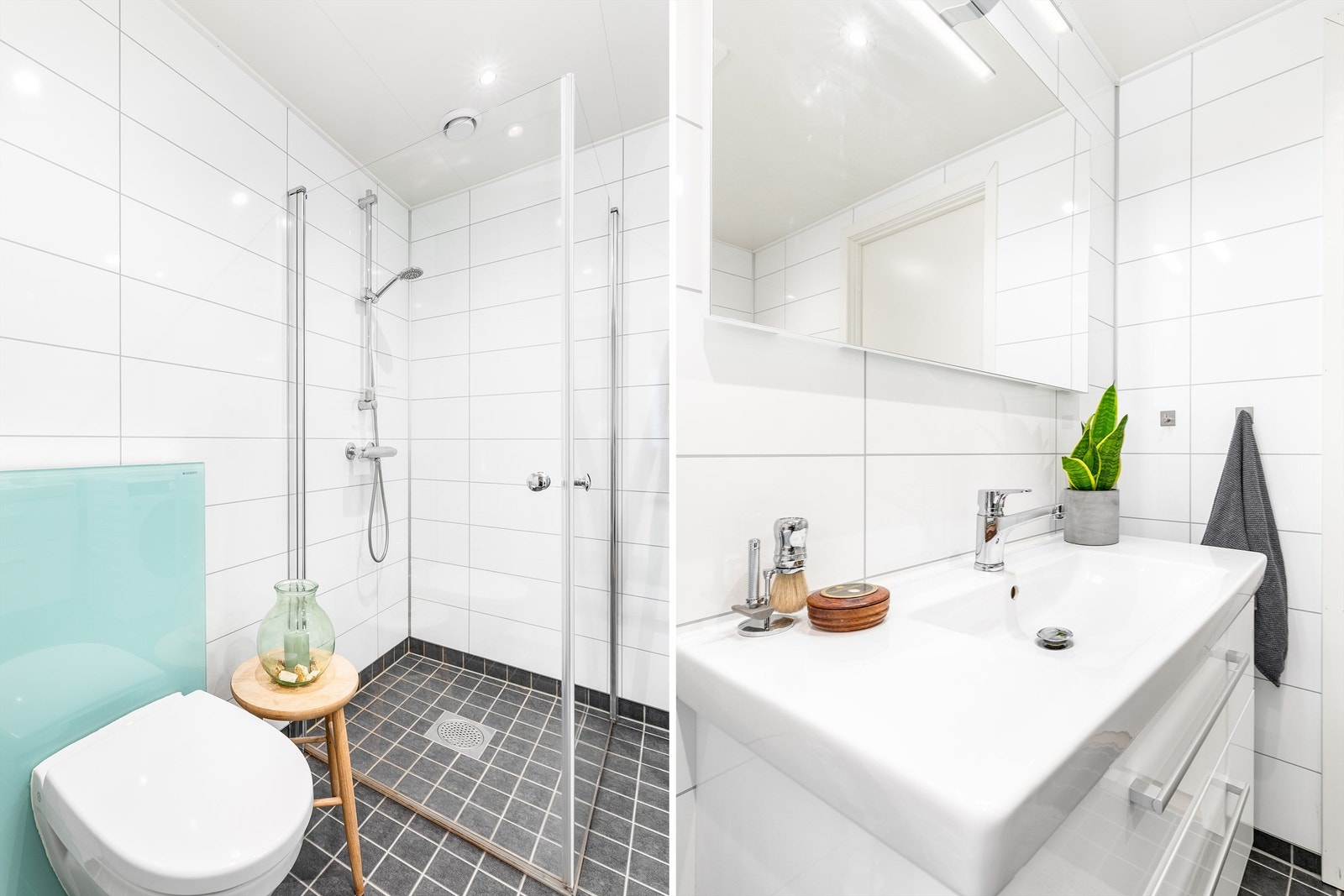 Én gulvflis i dusjhjørnet er beskadiget/med sprekk, et forhold som isolert er gitt TG 2. Ytterligere undersøkelser anbefales av bakenforliggende tettesjikt. Galleribilde