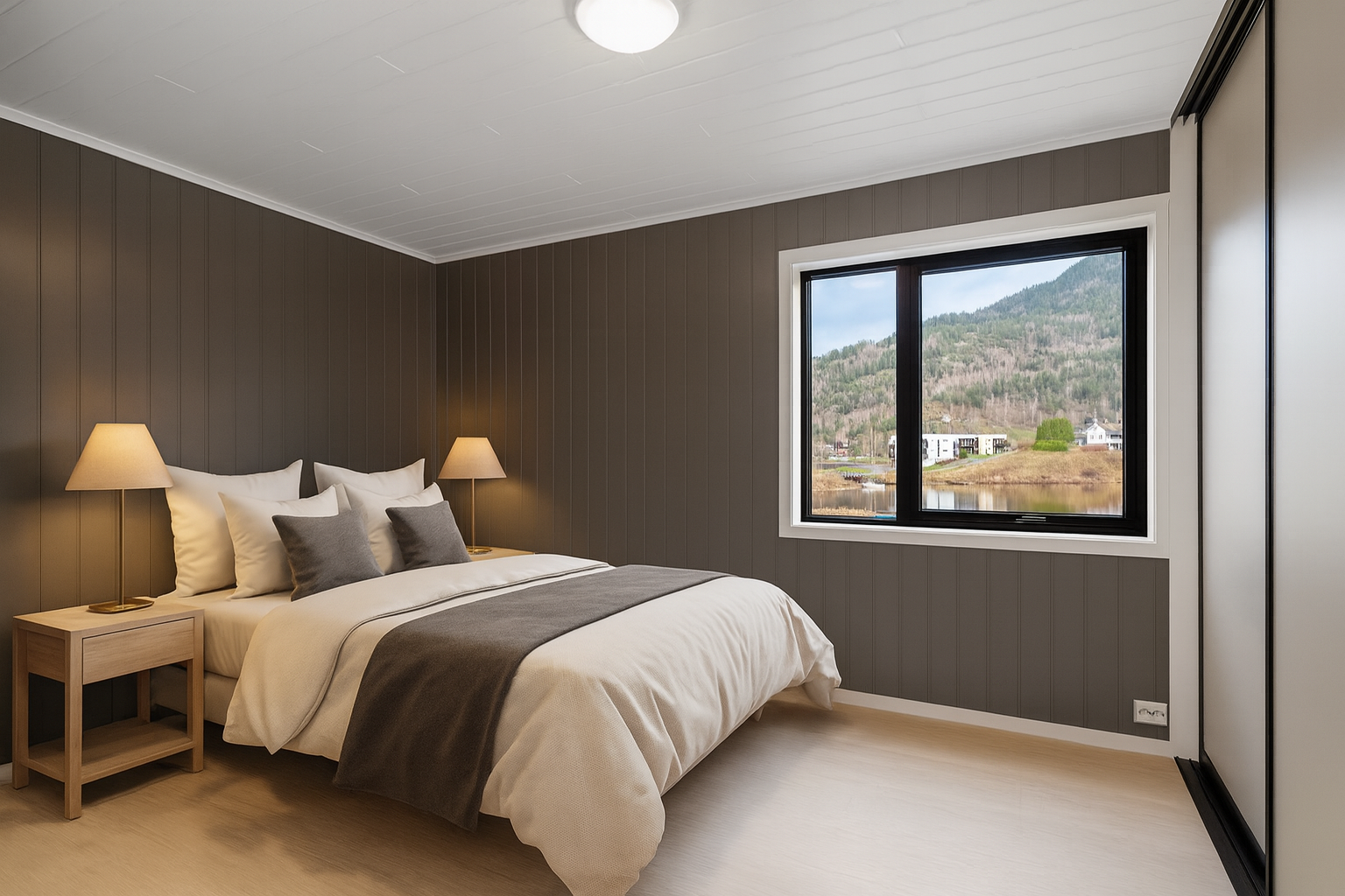 I boligen er det to pene soverom hvor begge rommene har Huntonit veggplater malt i den lune fargen Pepper. Galleribilde