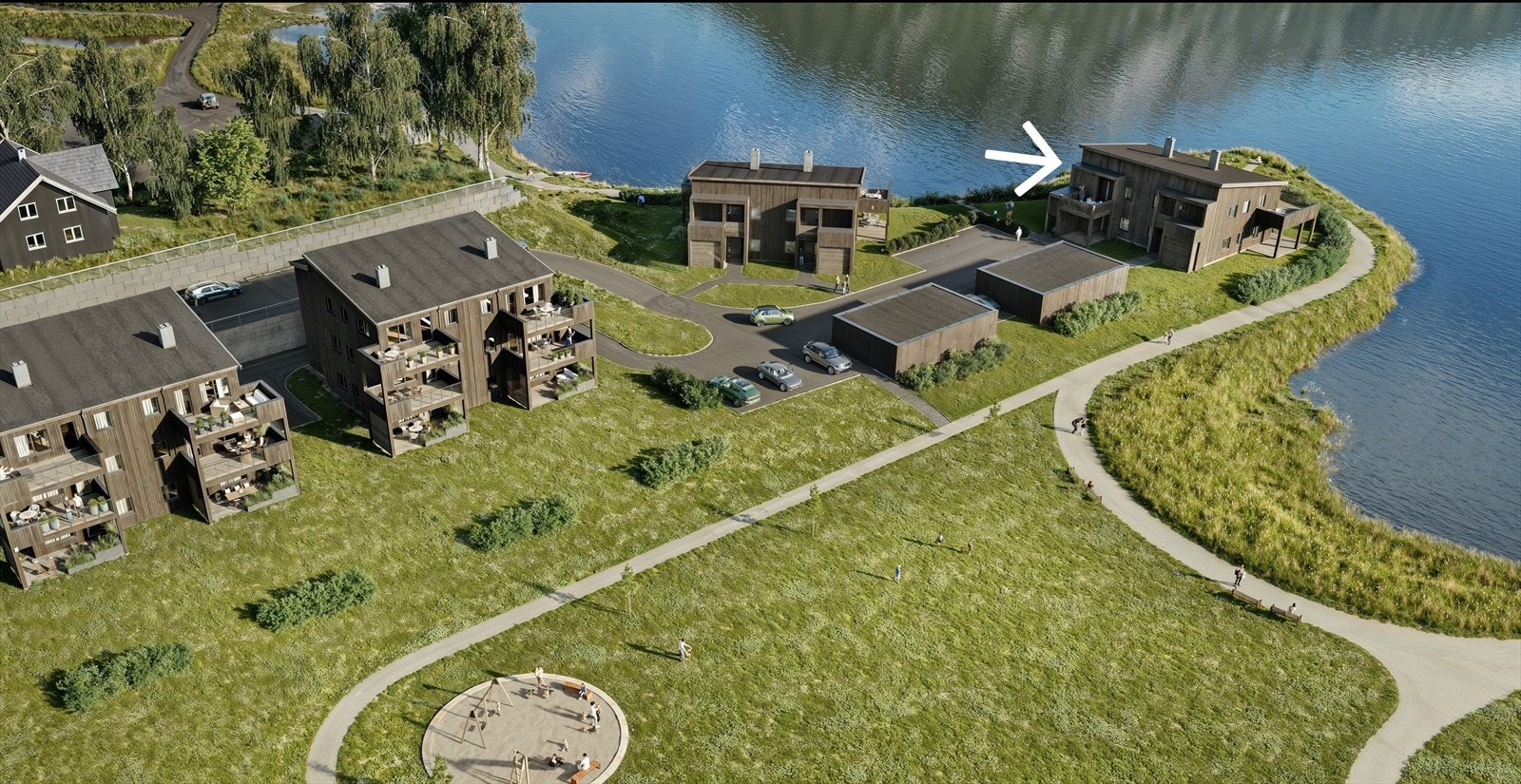 3D illustrasjon fra prosjektet som viser Sjøbuodden. Pilen markerer leiligheten Galleribilde