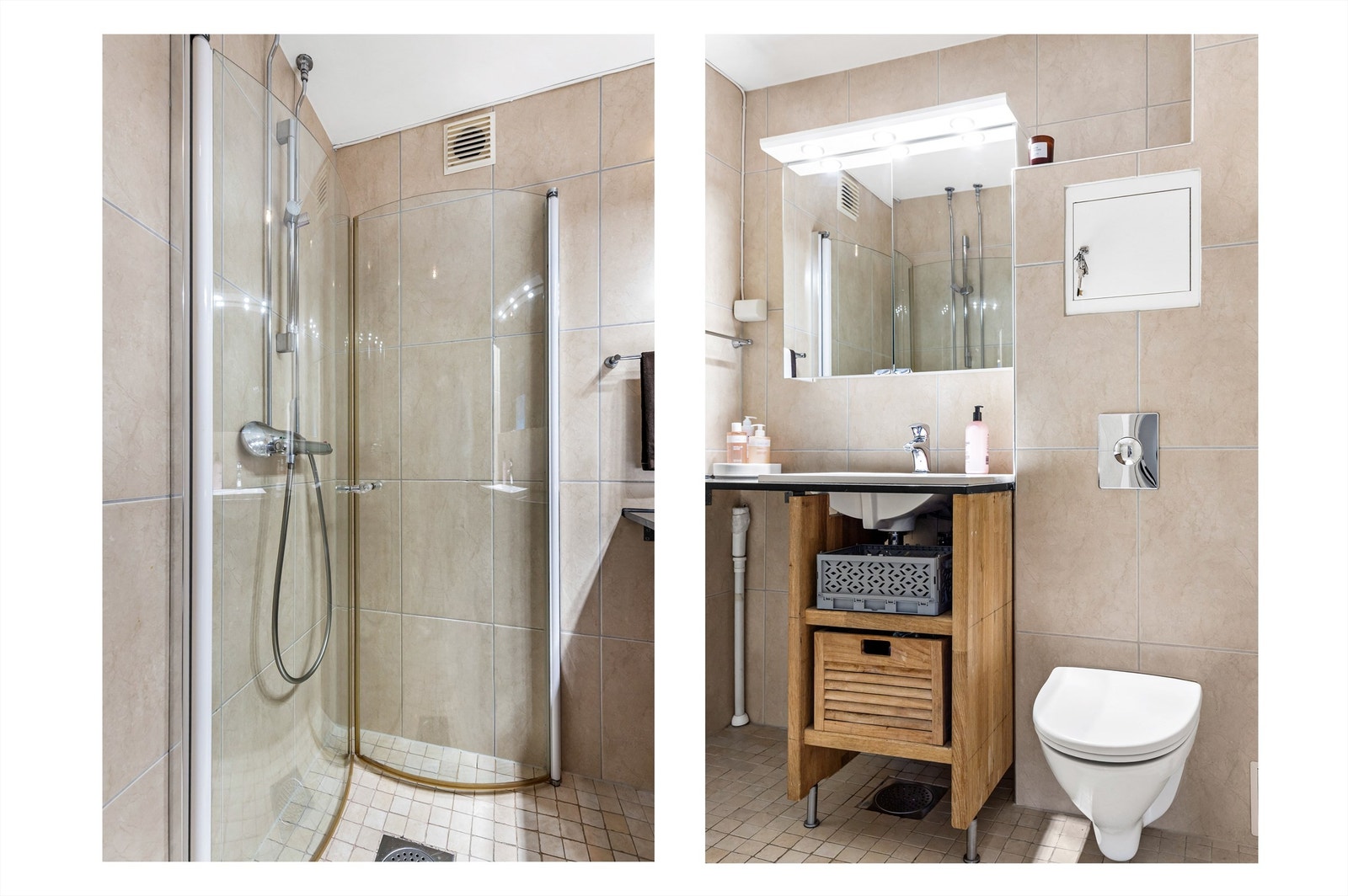 Av baderomsinnredning er det vegghengt toalett, servant nedfelt i benkeplate med tilhørende innredning, speilskap med belysning samt dusjhjørne med svingbare glassdører. Det er opplegg for vaskemaskin og naturlig avtrekk. Galleribilde