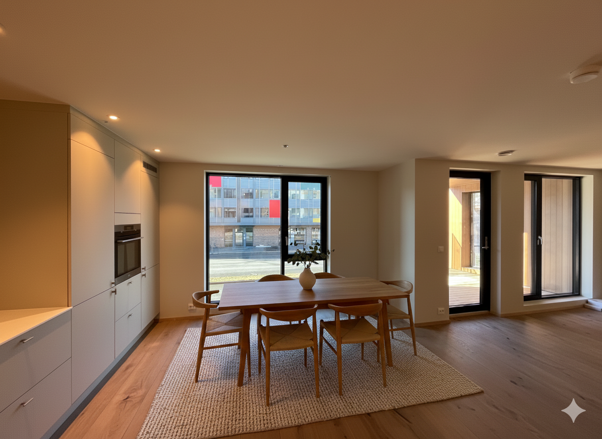 Kjøkken, her med digitalt møblerert spisestue. Galleribilde