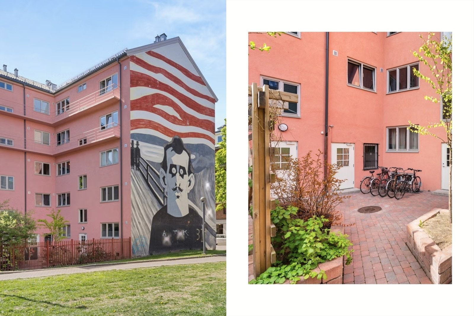 Bakgården er pent opparbeidet med plenarealer, interne gangveier og sykkelparkering. Galleribilde