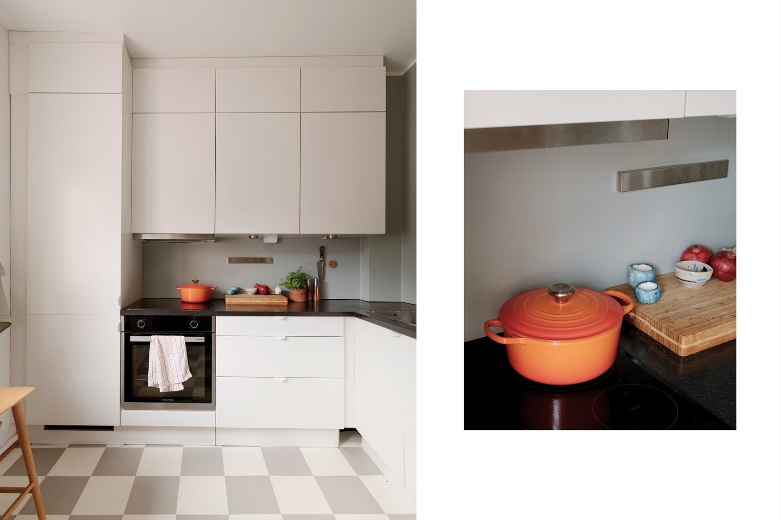 Kjøkkenet har en elegant og tidløs utførelse med hvite matte fronter og sort benkeplate. Intergrert kombiskap, stekeovn med platetopp og oppvaskmaskin. Galleribilde