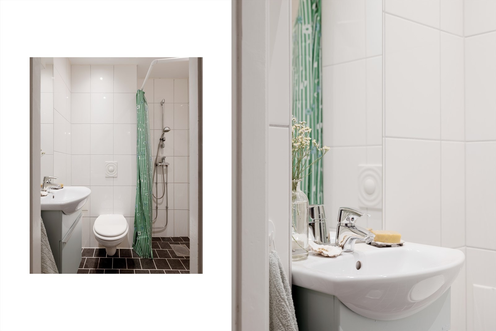 Delikat flislagt bad. Badet er innredet med servant, toalett og dusjhjørne. Varmekabler i gulvet og downlights i taket. Galleribilde