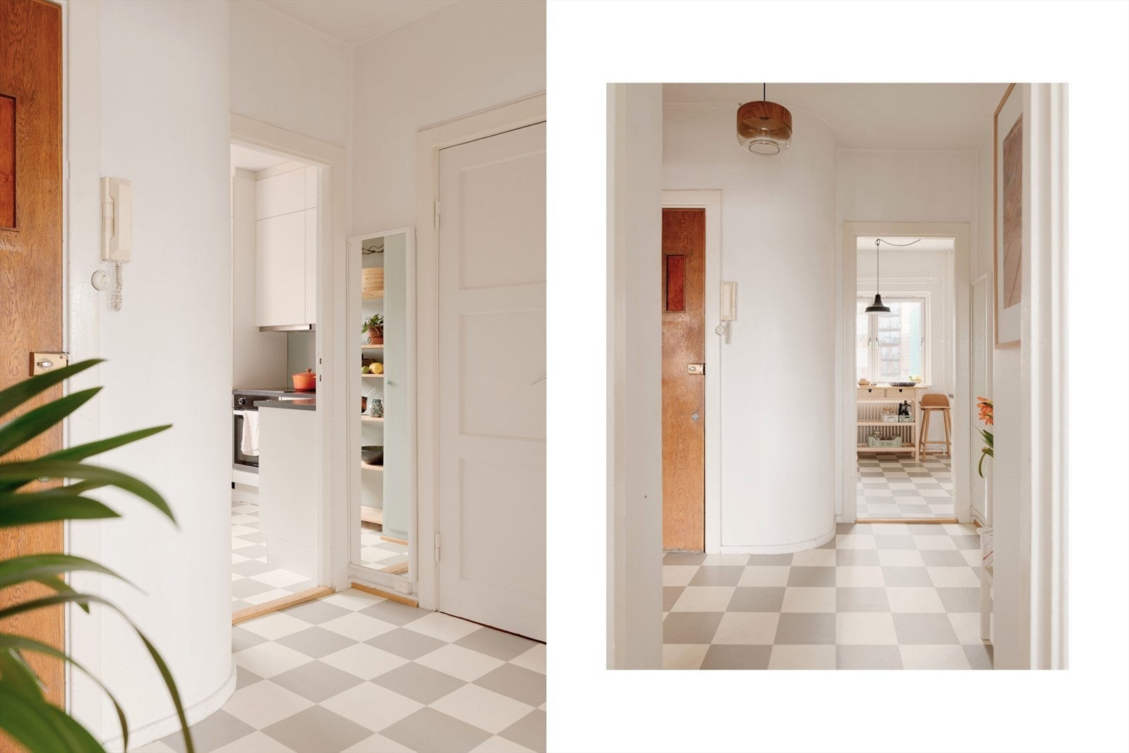 I det du trer over dørstokken merker du leilighetens gode atmosfære med mye dagslys som flommer inn fra to sider. Legg merke til den buede veggen i gangen som vitner om byggets historie og opprinnelse. Galleribilde