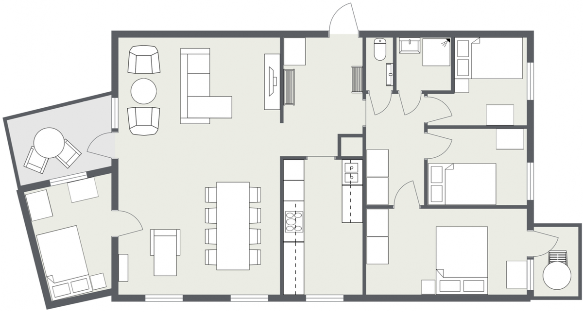 Leilighetens planløsning illustrert i 2D Galleribilde