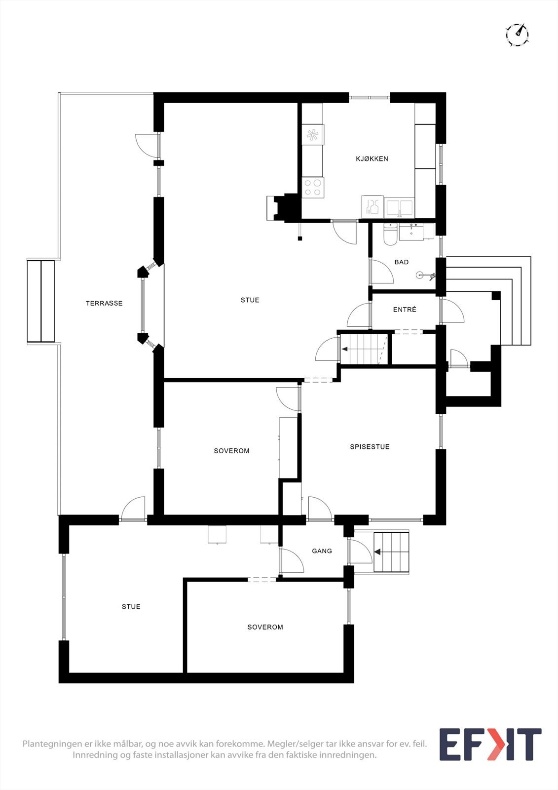 Plantegningen for hovedetasjen viser en funksjonell planløsning med adskilte sosiale soner. Galleribilde