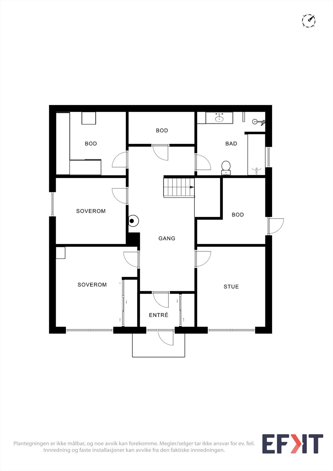 Plantegning for underetasjen, som inneholder entré, hall, tre soverom, bad og boder. Galleribilde